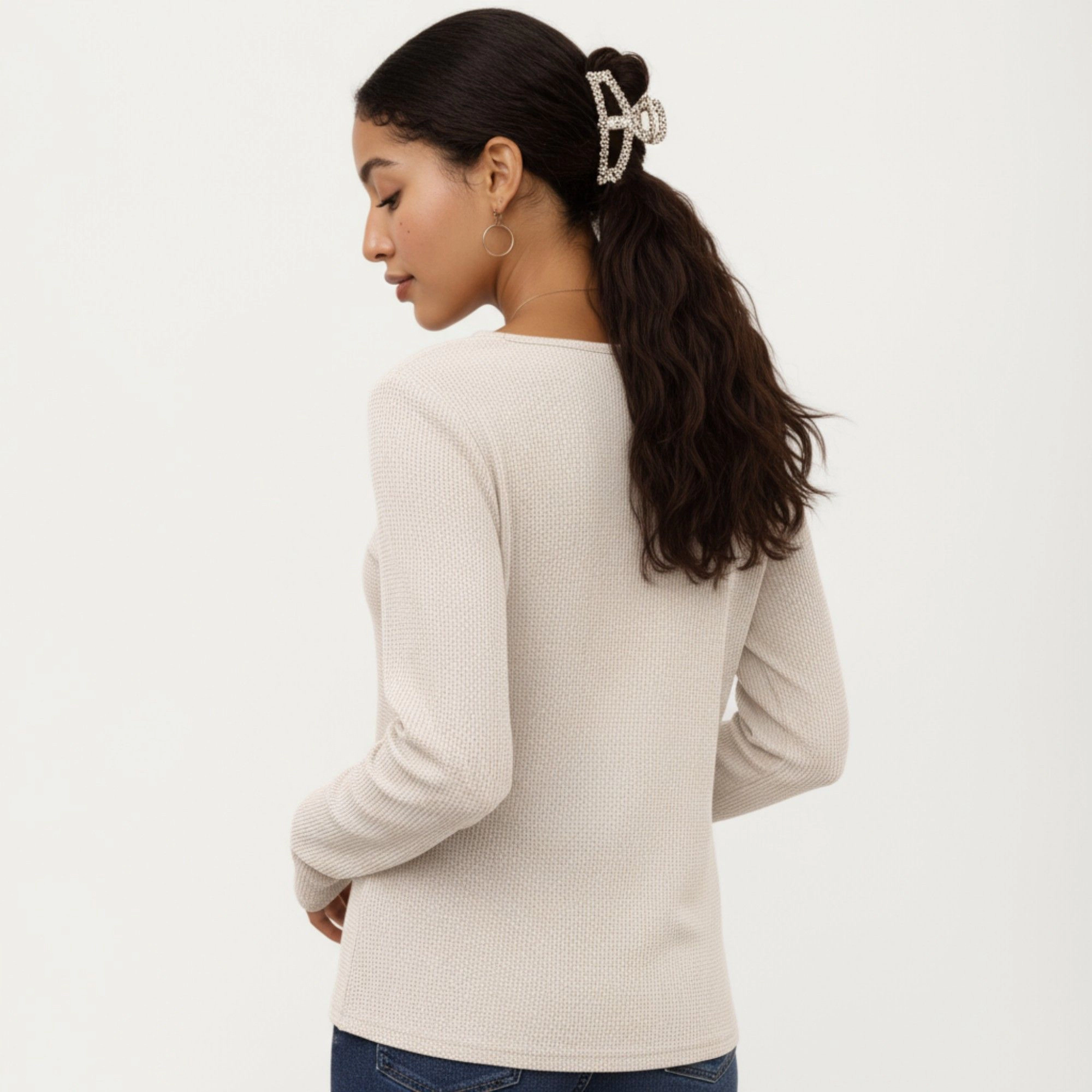 Anna-Kaci Women's Textured Knit Scoop Neck Button Front Long Sleeve Top
