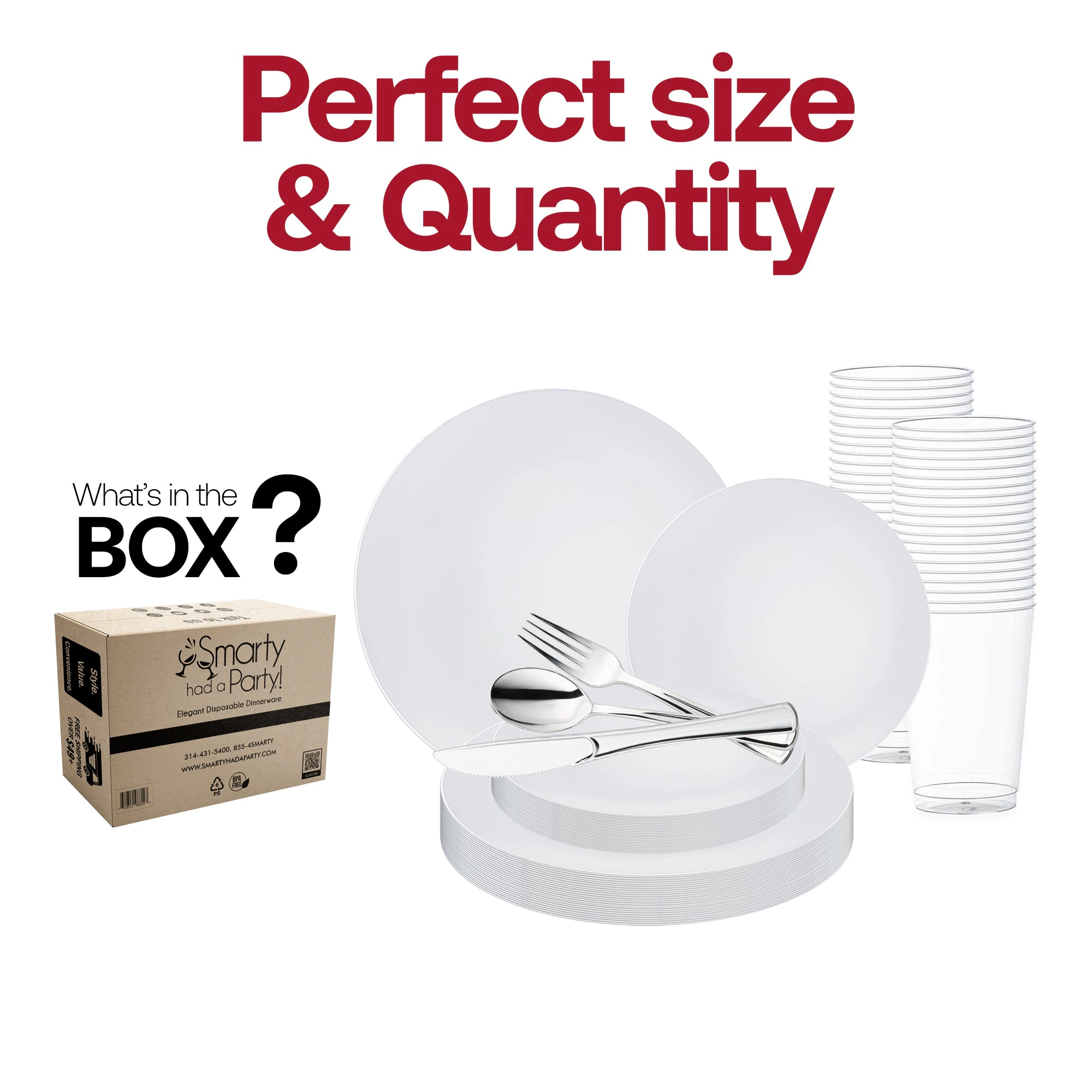 Smarty Had A Party White with Silver Rim Organic Round Disposable Plastic Wedding Value Set