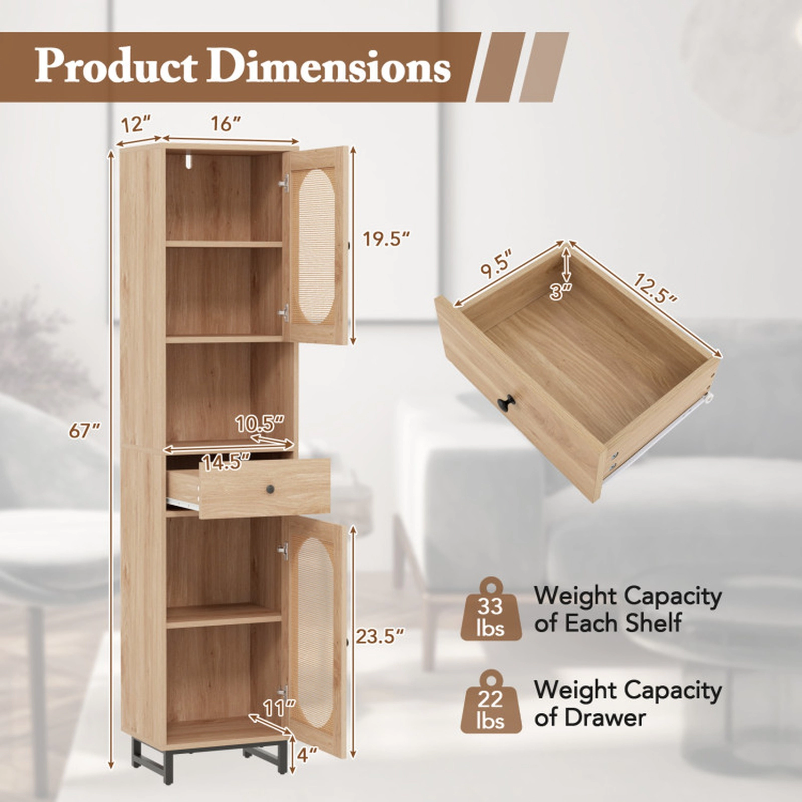 SUGIFT 67-in Tall PE Rattan Bathroom Floor Cabinet with Drawer 33-lb Shelf Capacity 22-lb Drawer Capacity Natural