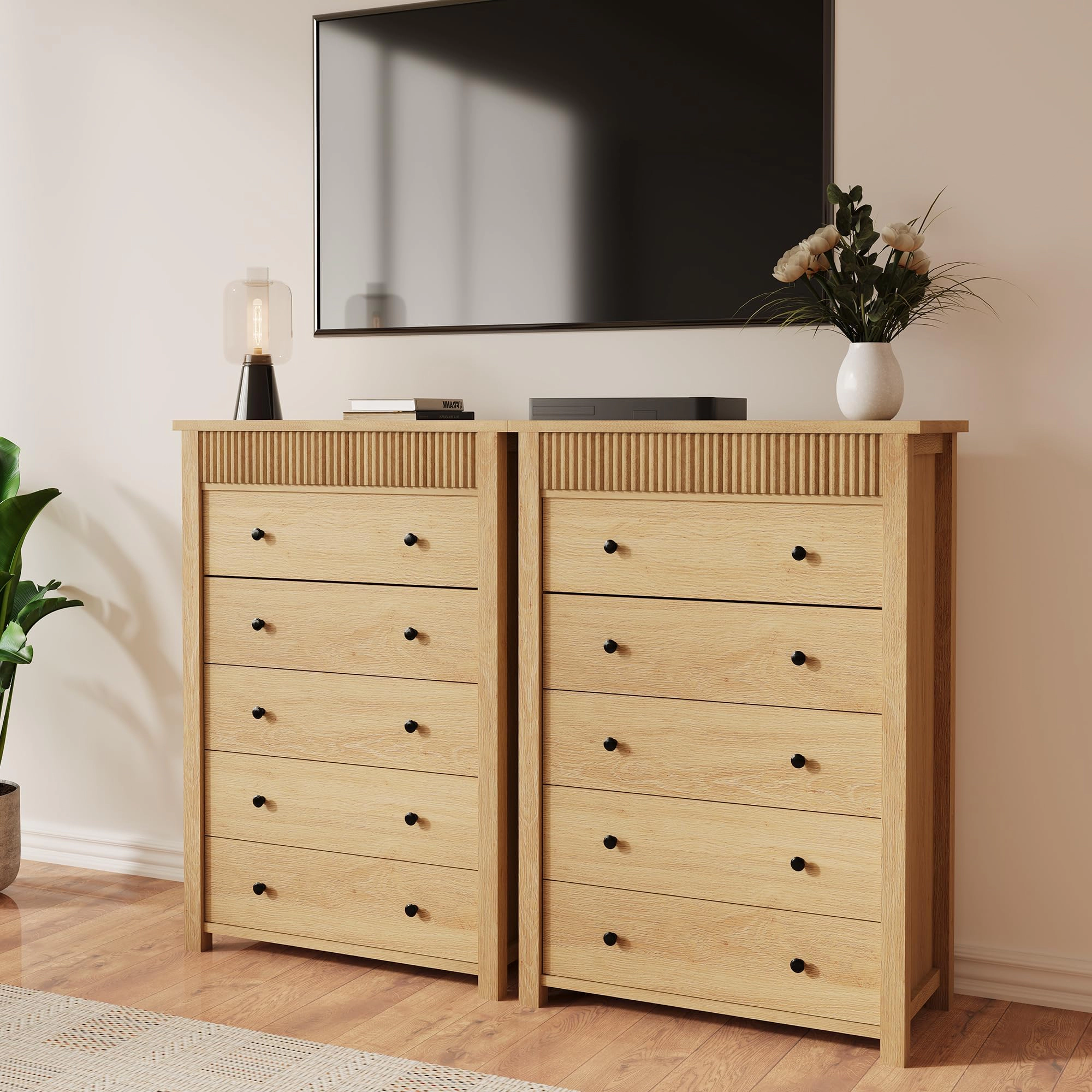 Modern Fluted 5 Drawer Tall Dresser, 31.5" Wide Wooden Storage Chest for Bedroom