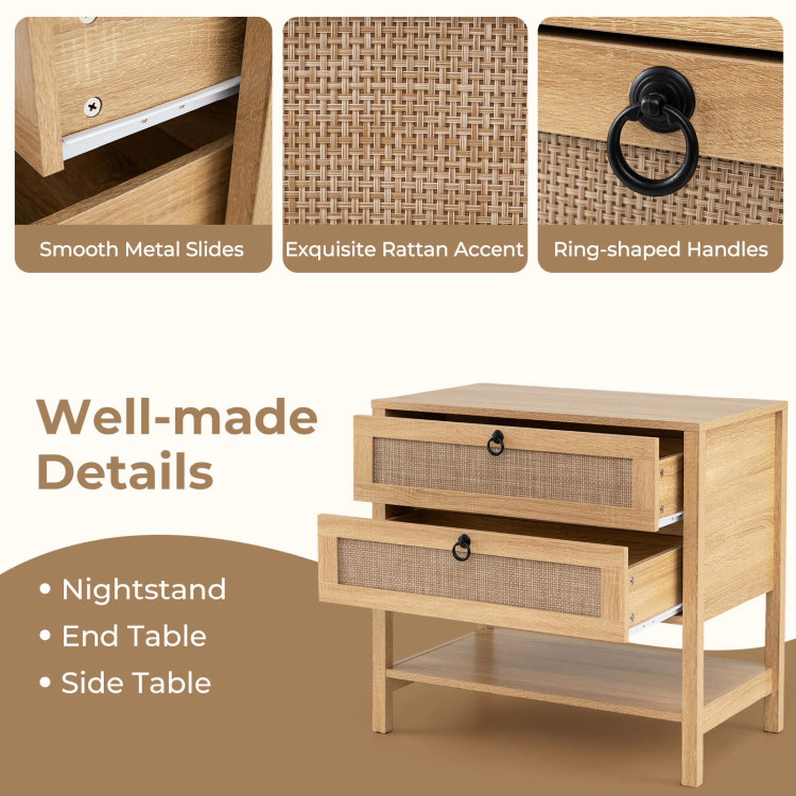 SUGIFT 27-Inch Whitewashed Oak Boho Rattan Nightstand with 2 Drawers and Open Shelf