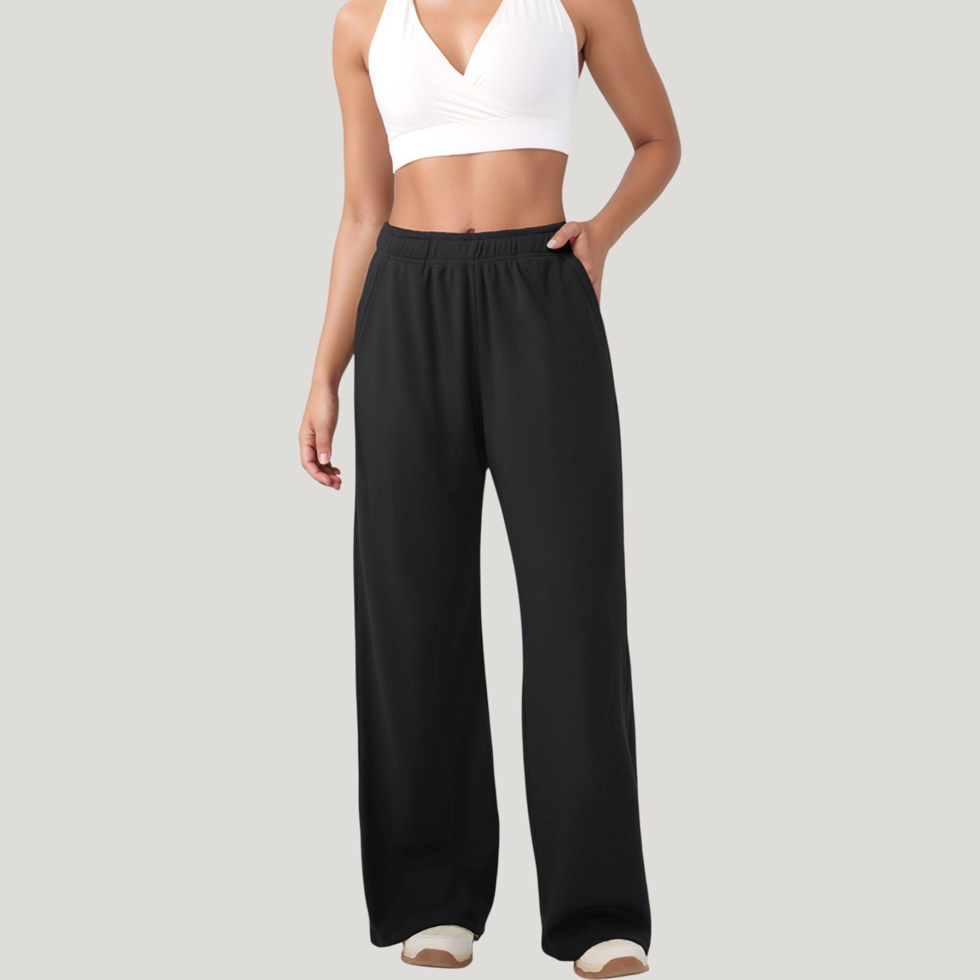 Anna-Kaci Women's High-Waist Wide-Leg Athletic Pants with Side Pockets and Elastic Waistband Design