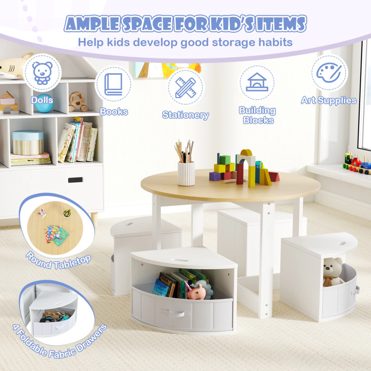 Hivvago 5 Piece Toddler Round Nesting Table With 4 Storage Stools For Activity