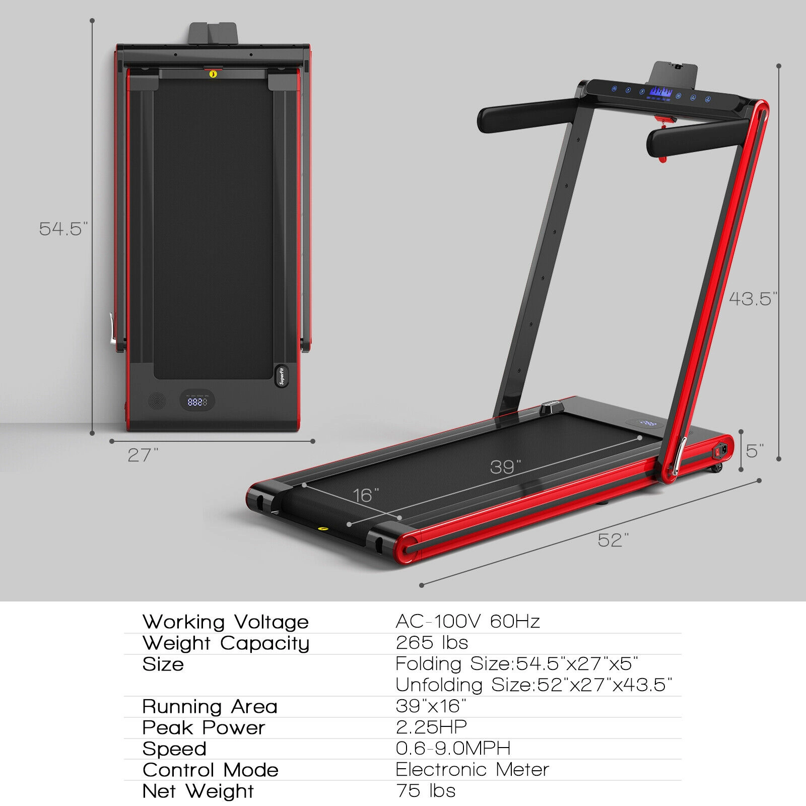 SUGIFT Red 2-in-1 Folding Treadmill with Dual LED Display and Safety Lock 52-in W 27-in D 256-lb User Capacity