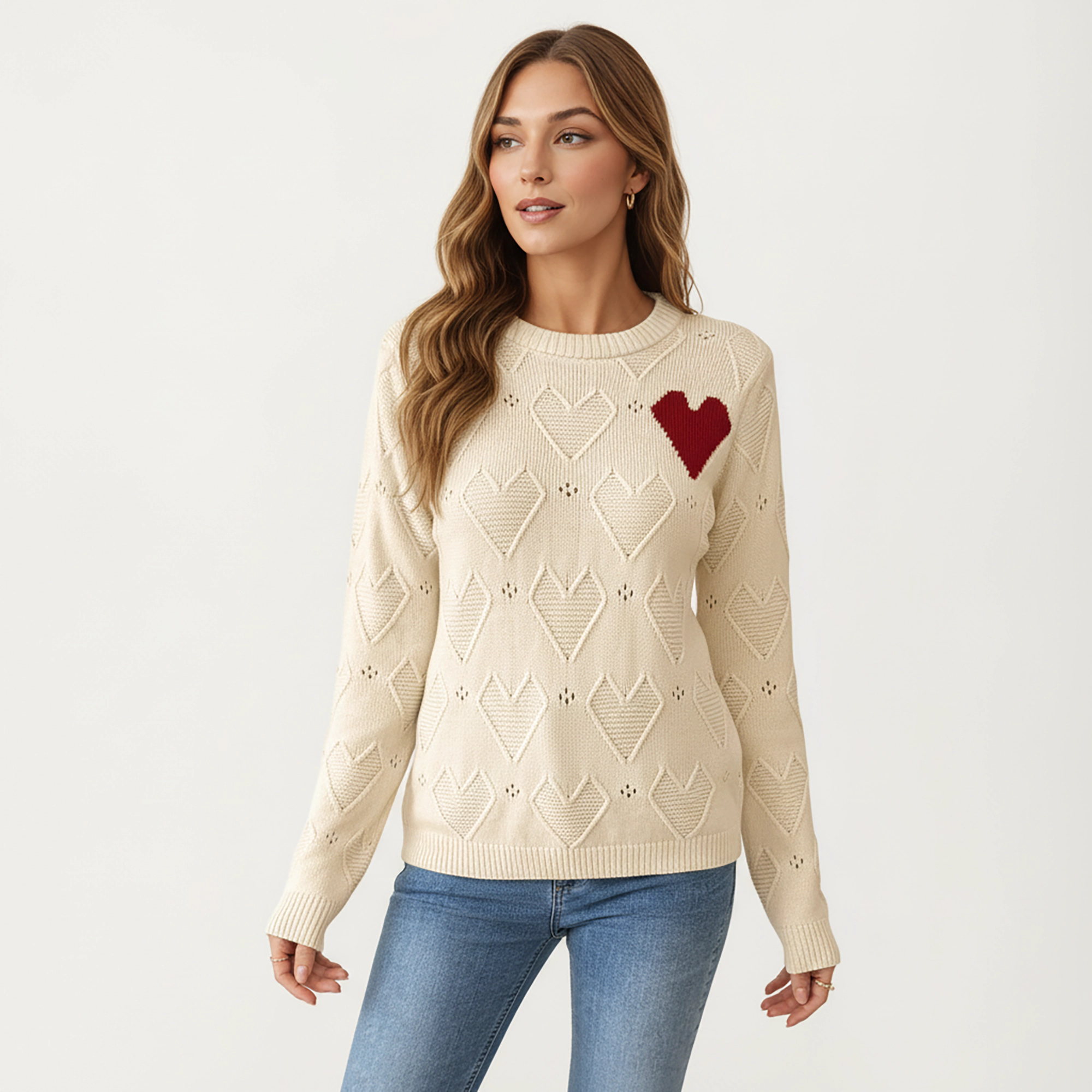 Anna-Kaci Women's Knit Top with Textured Valentine Heart Pattern and Contrast Accent Detail