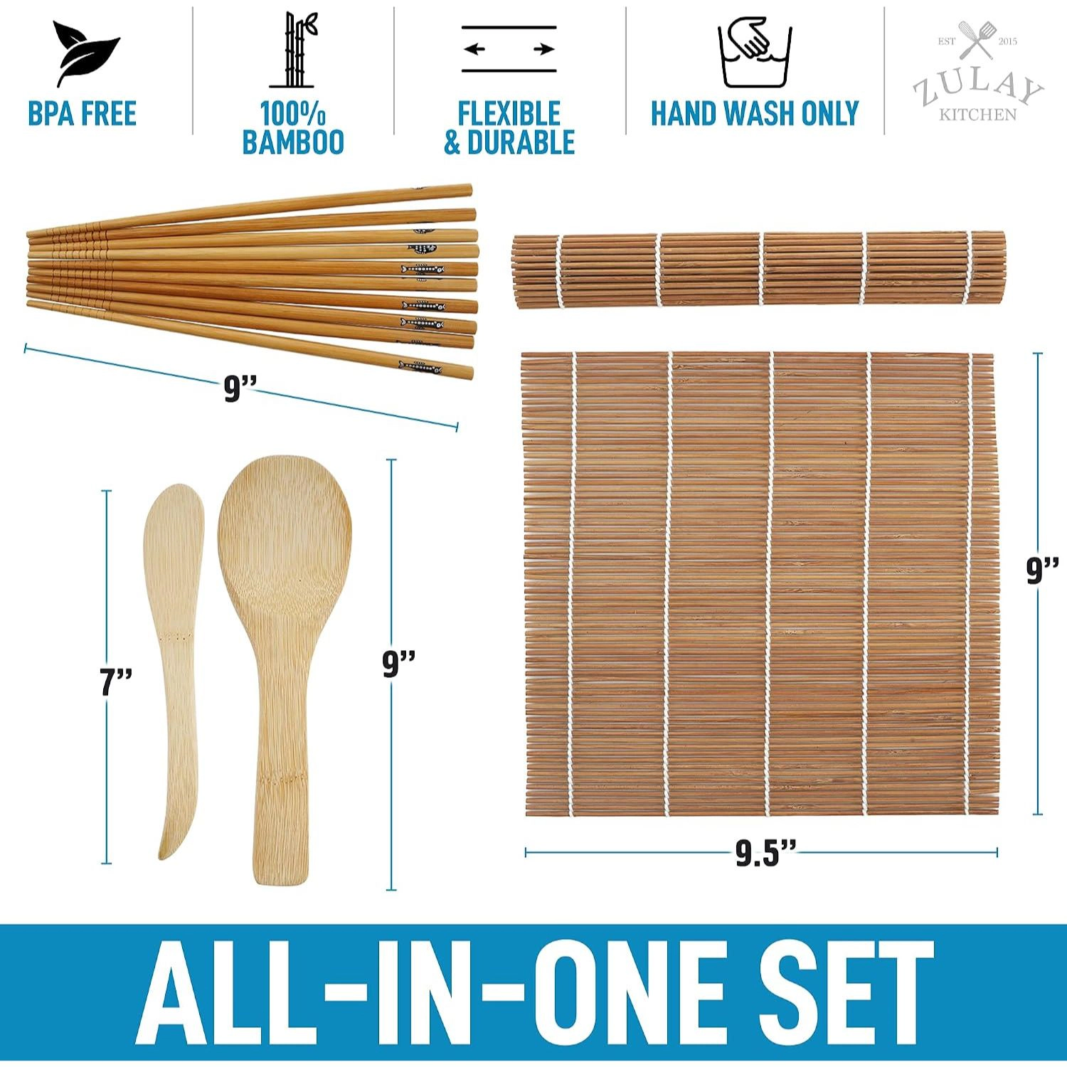 Zulay Kitchen Sushi Making Kit For Beginners - Includes 2 Bamboo Sushi Mat, 5 Pairs Chopsticks, 1 Paddle, 1 Spreader