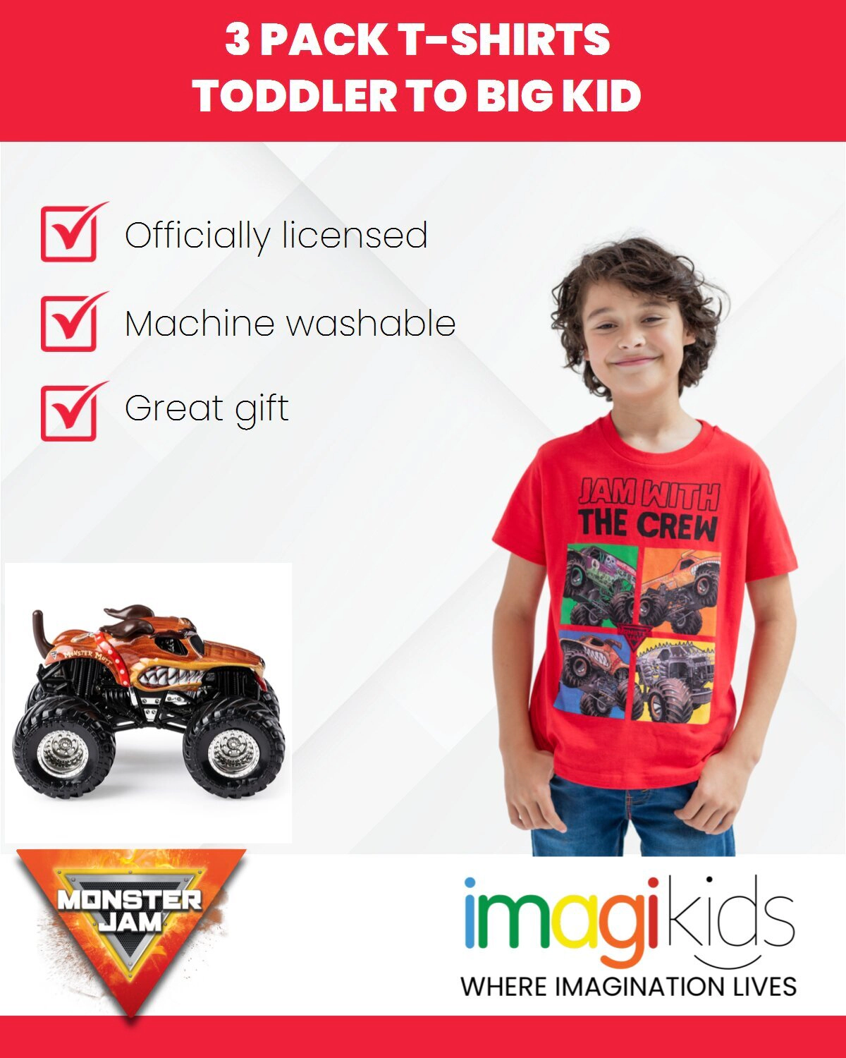 Monster Jam Boys' 3-Pack Short Sleeve Cotton T-Shirts
