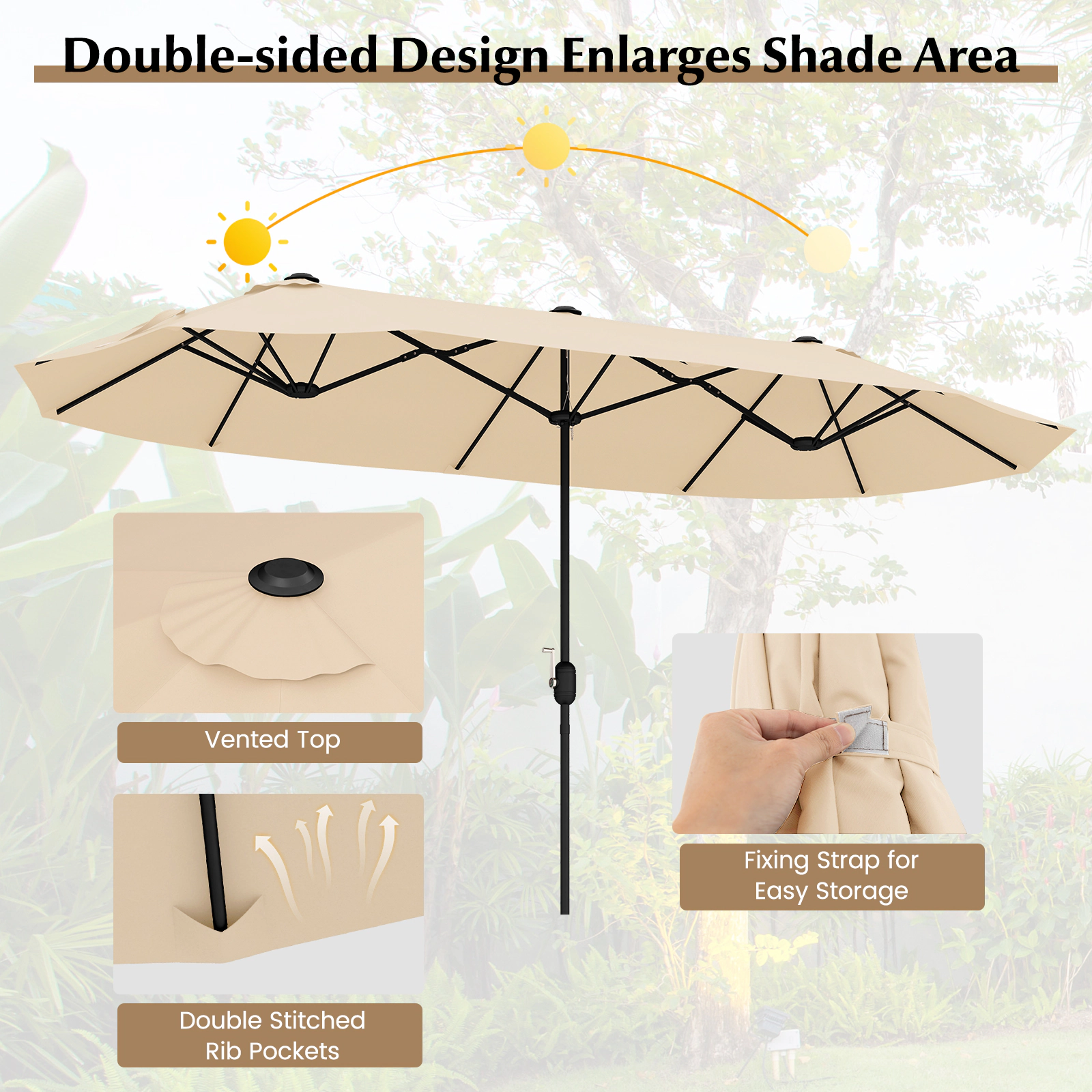 SUGIFT Crank Handle 12 Ribs and Base 13 FT Double-Sided Twin Patio Table Umbrella