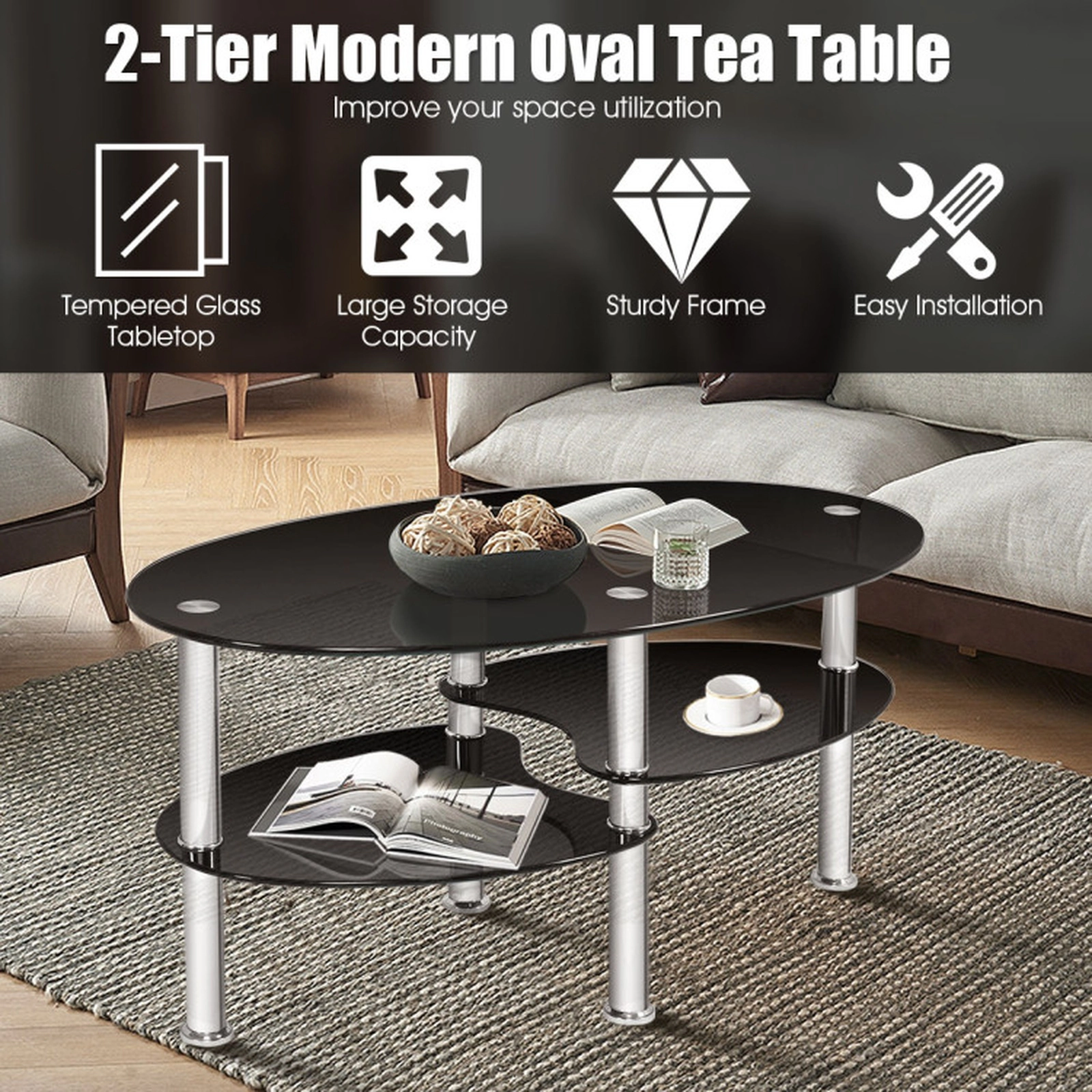 SUGIFT Tempered Glass Oval Side Coffee Table with 2 Shelves 90-lb Top Capacity 35-in Long Black/Transparent