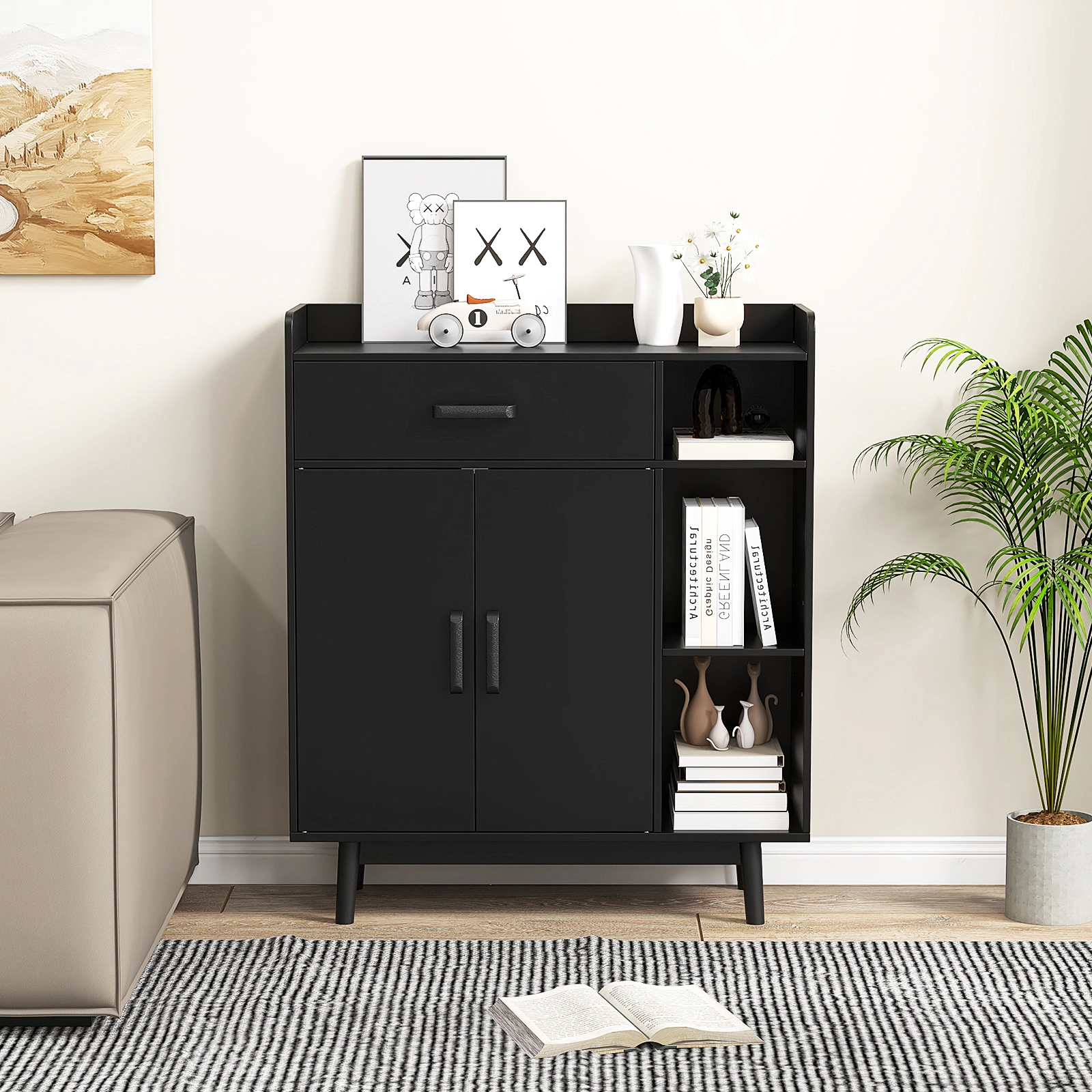 Slickblue Freestanding Storage Cabinet with Drawer Adjustable Shelves and Double Doors