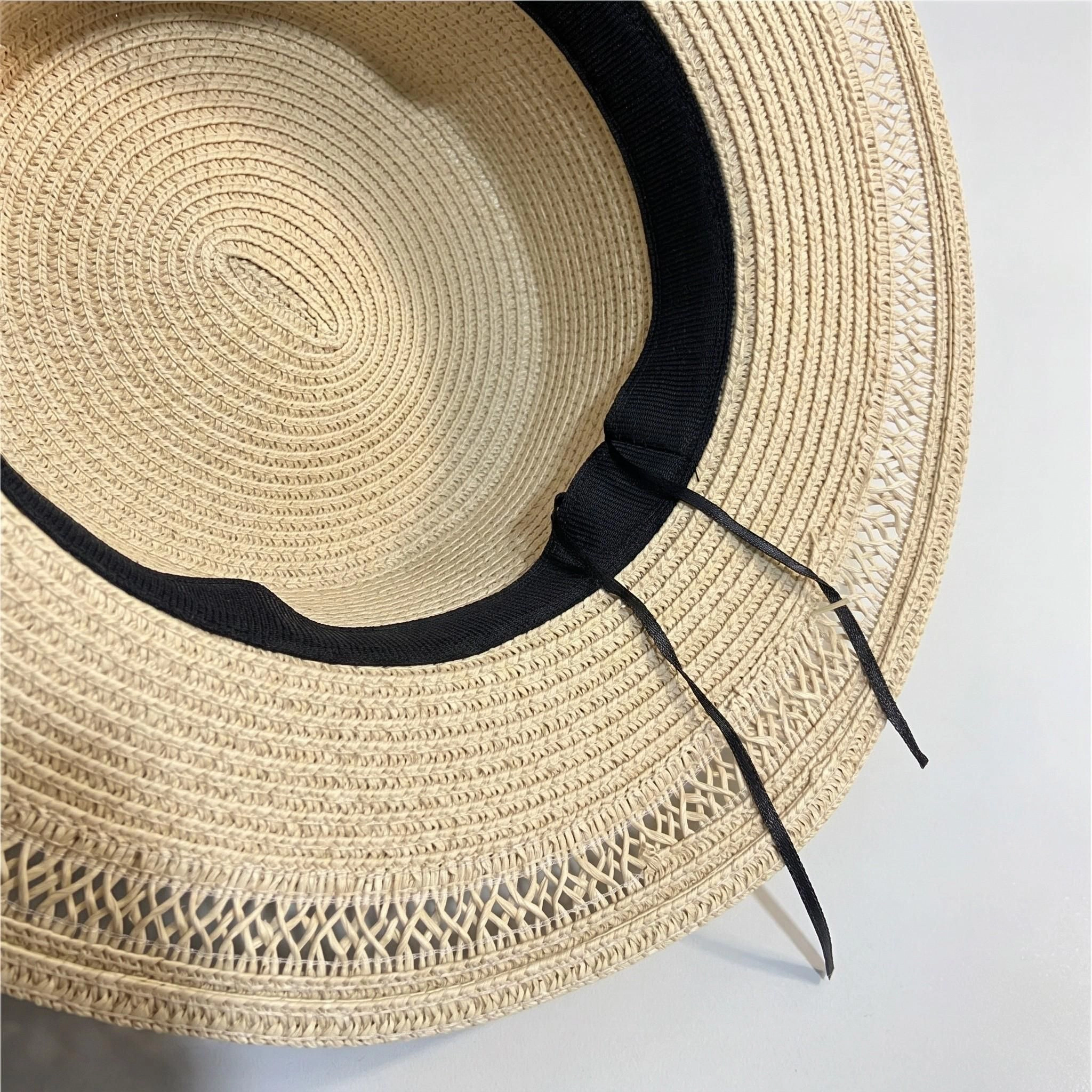 Anna-Kaci Womens Straw Boater Hat Wide Brim Summer Beach Woven Band Flat Top Sun