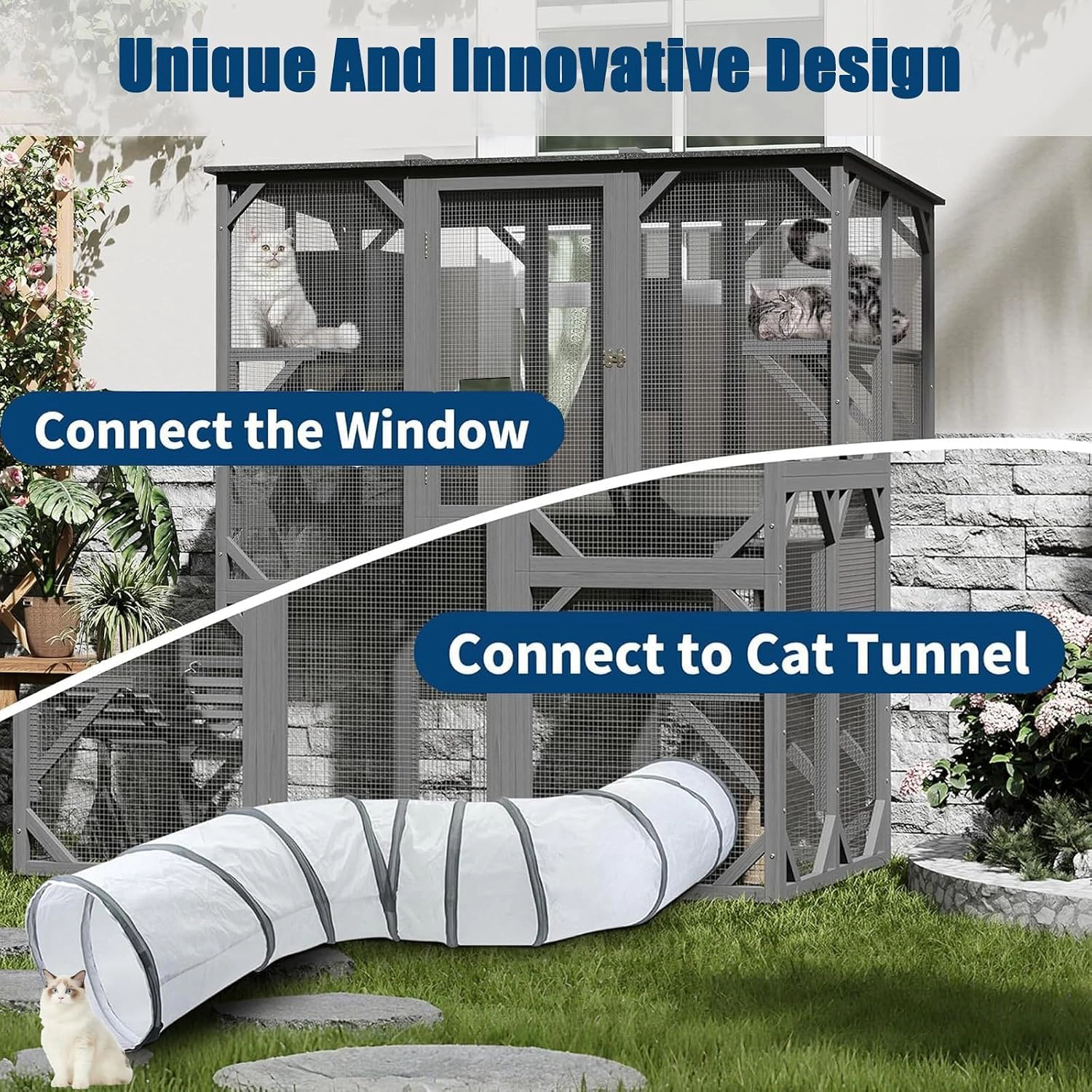173x92.4x177cm Large Outdoor Wooden Catio Enclosure, Walk-In Cat Cage with Platforms, Gray