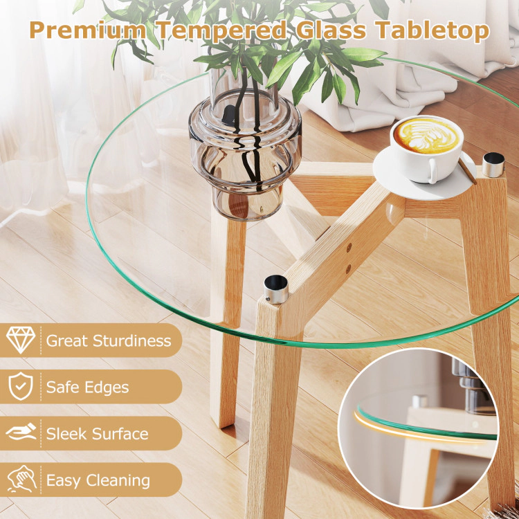 Hivvago Round End Table with Tempered Glass Top and Sturdy Solid Rubberwood Frame