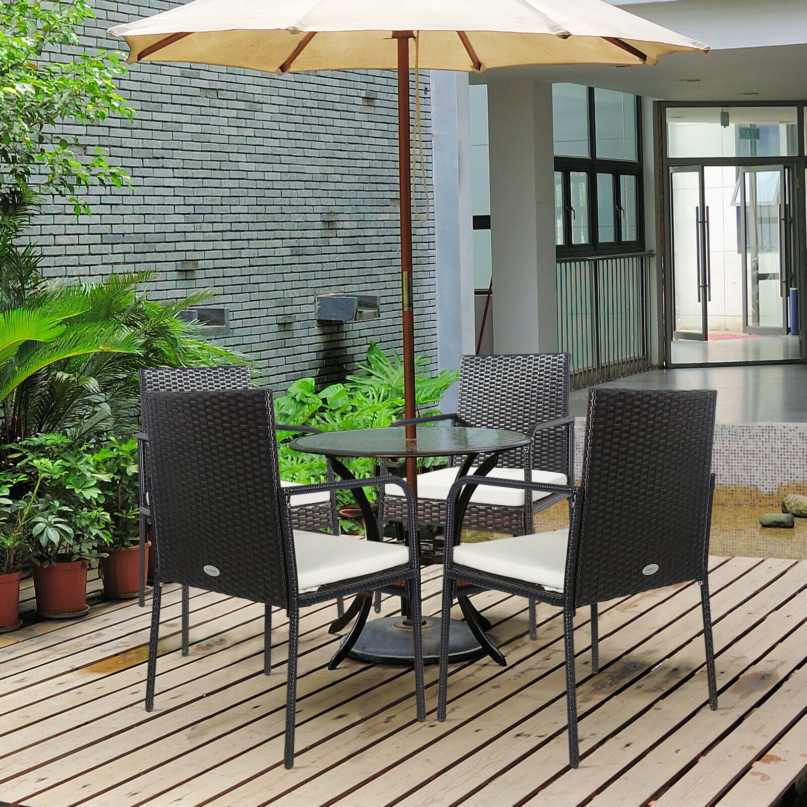 LJG 4 Pieces Patio Wicker Rattan Dining Set with Comfy Cushions