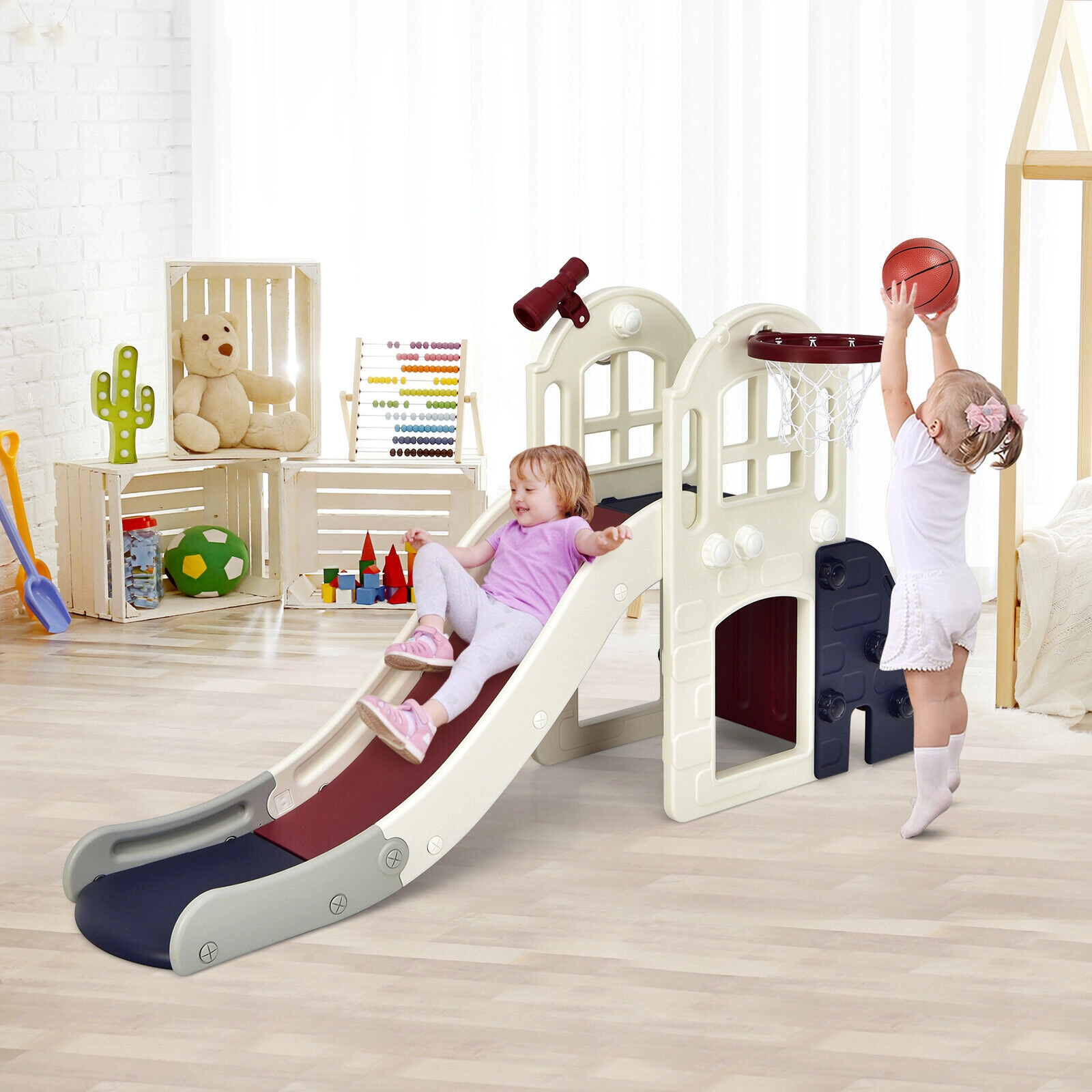 LJG 6-In-1 Large Slide for Kids Toddler Climber Playset with Basketball Hoop