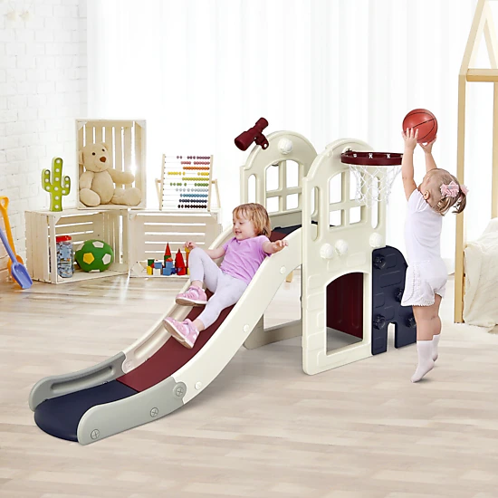 LJG 6-In-1 Large Slide for Kids Toddler Climber Slide Playset with Basketball Hoop