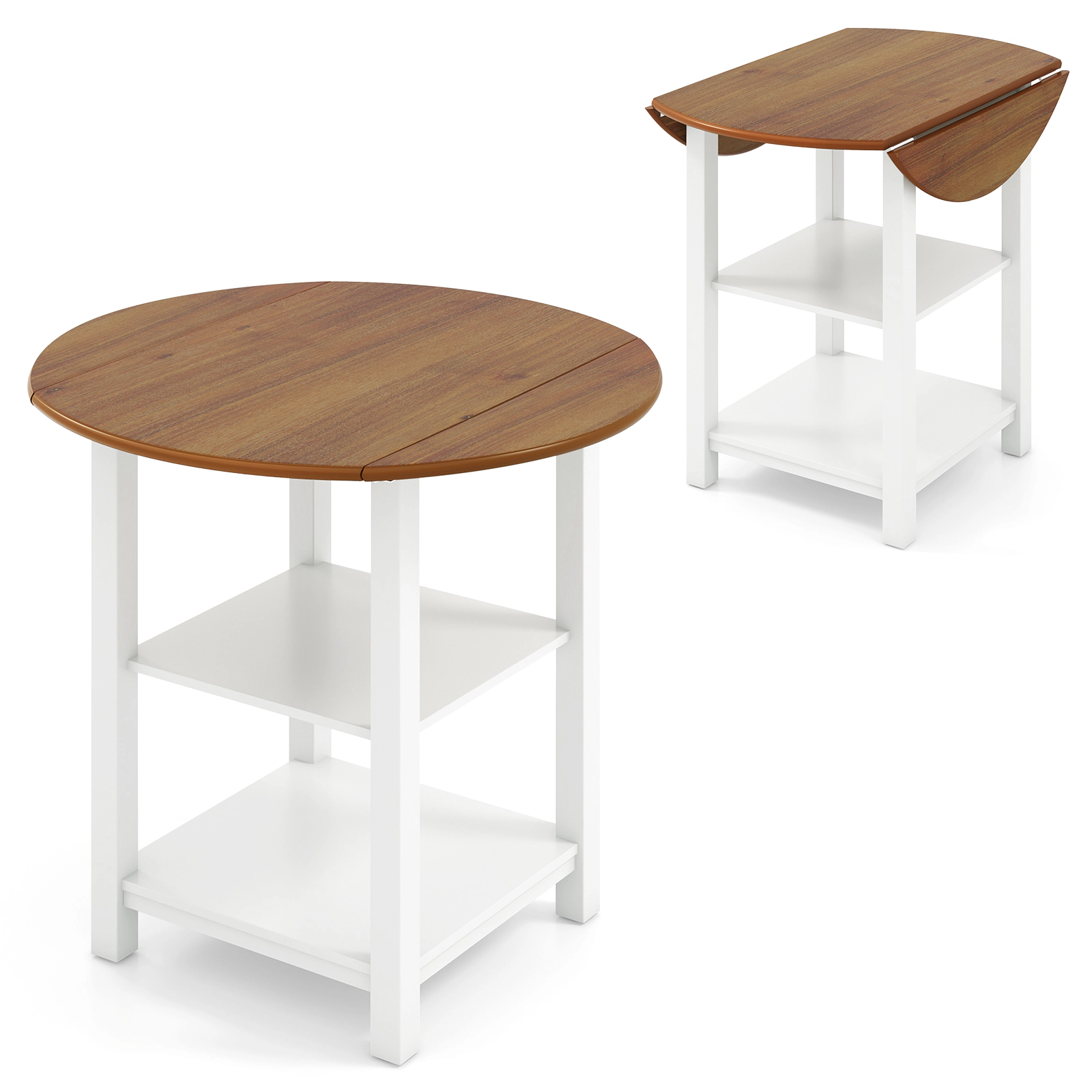 LJG Folding Round Dining Table Drop Leaf Table with 2 Shelves for Small Spaces