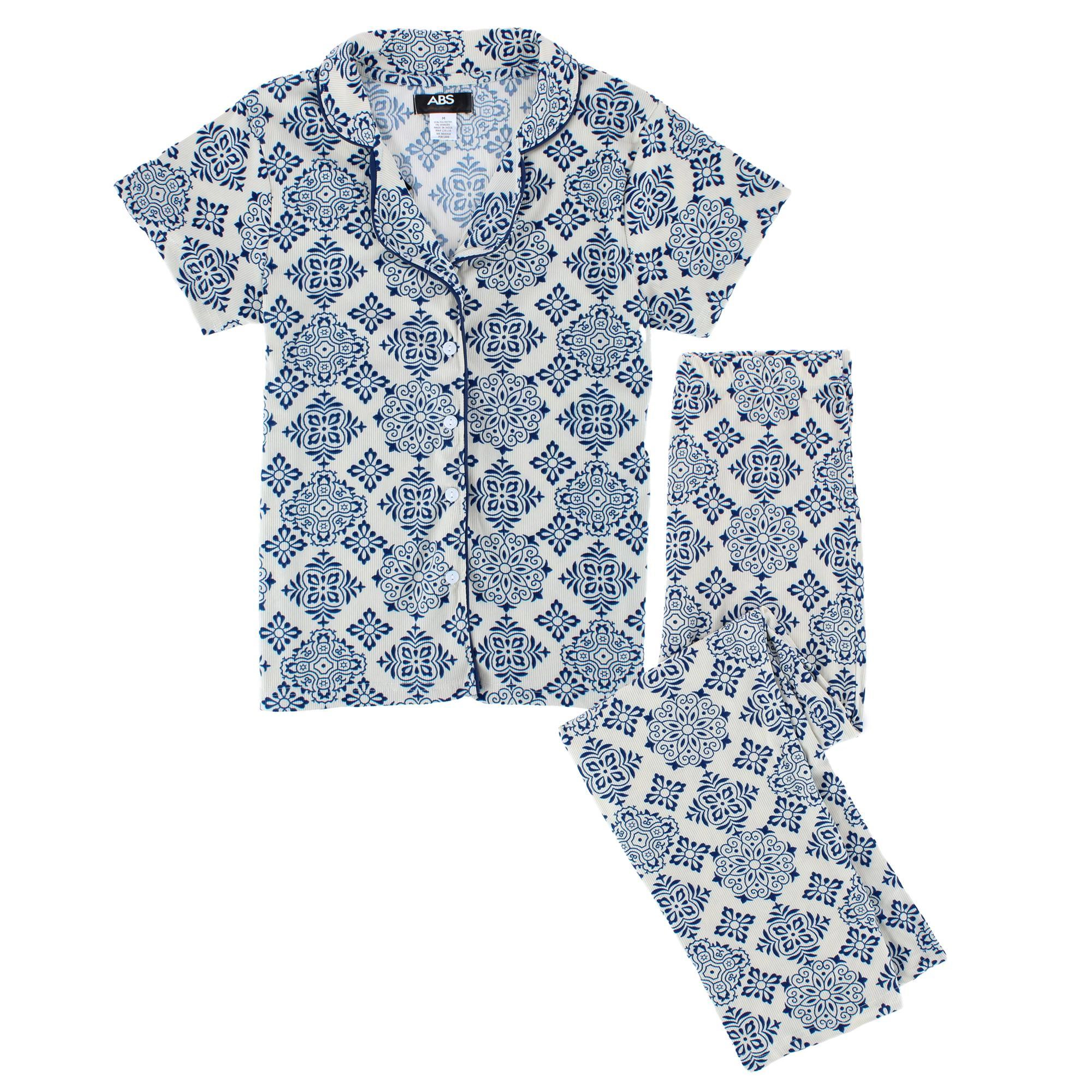 CTM Women's Patterned Button Down Short Sleeve Pajama Set