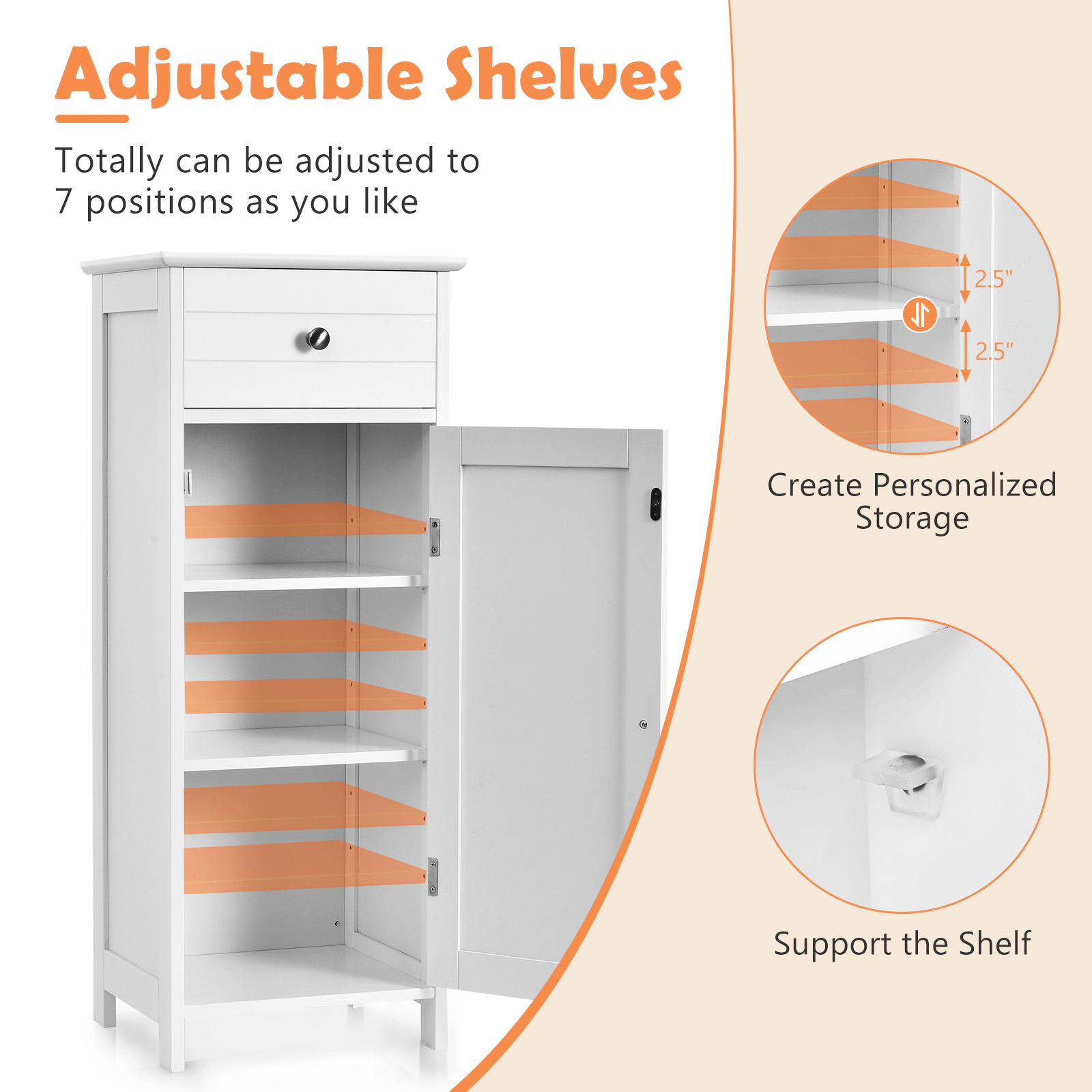 SUGIFT Wooden Storage Free-Standing Bathroom Floor Cabinet with Drawer and Adjustable Shelf 132-lb Capacity White