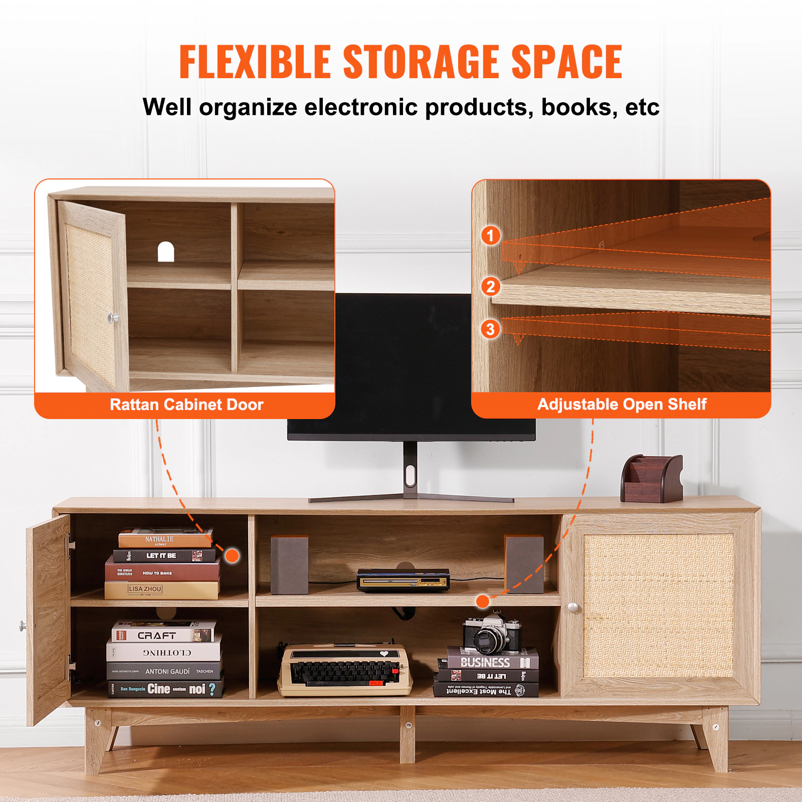 HONGGE Rattan TV Stand for TV Boho TV Stand with Rattan with Build-in Socket Modern TV for Living Room Media Room