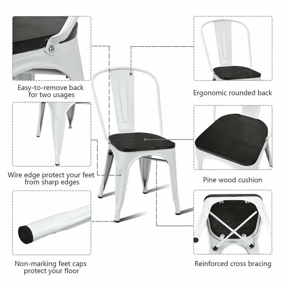 LJG 4 Pieces Tolix Style Metal Dining Side Chair Stackable Wood Seat