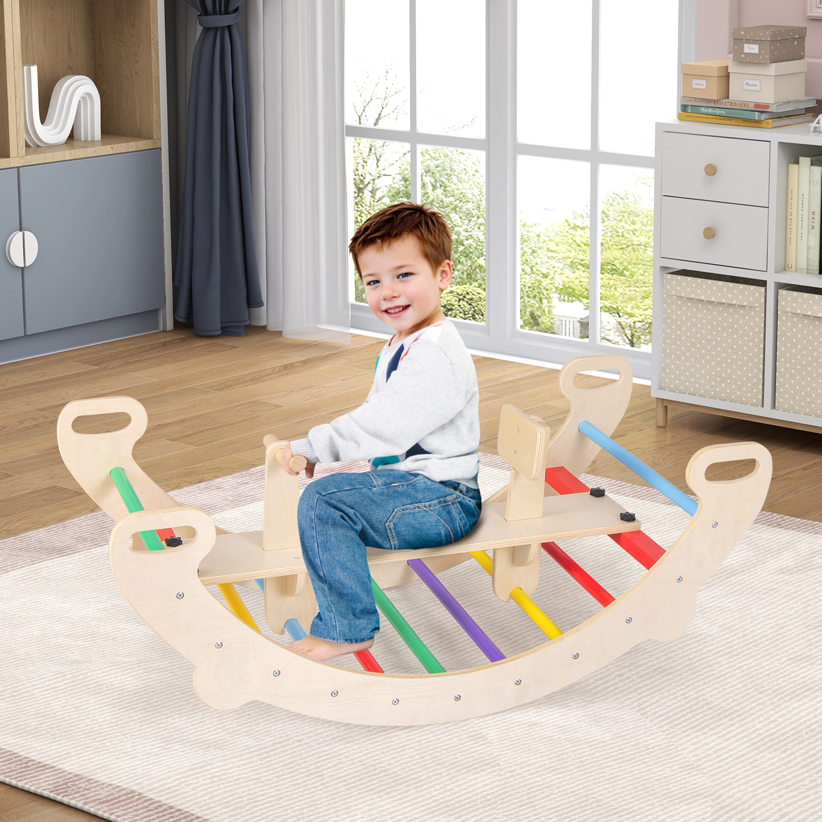 LJG Kids 4-in-1 Multifunctional Wooden Climbing Toys with Rocker and Crawling Tunnel