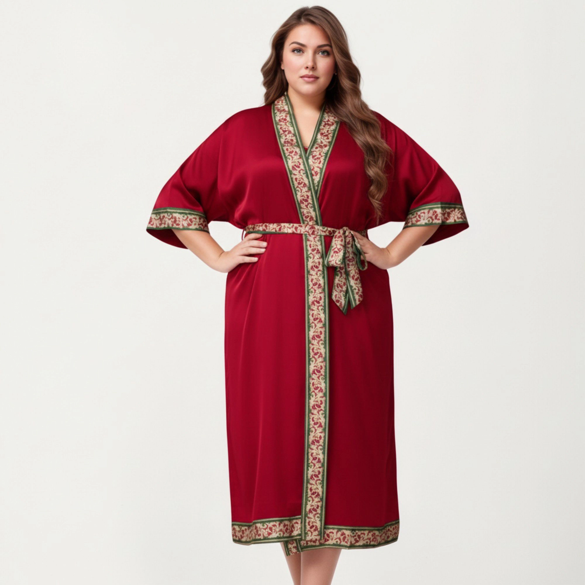 Anna-Kaci Women's Plus Satin Robe with Floral Trim Belted Kimono Sleeve Long Sleepwear