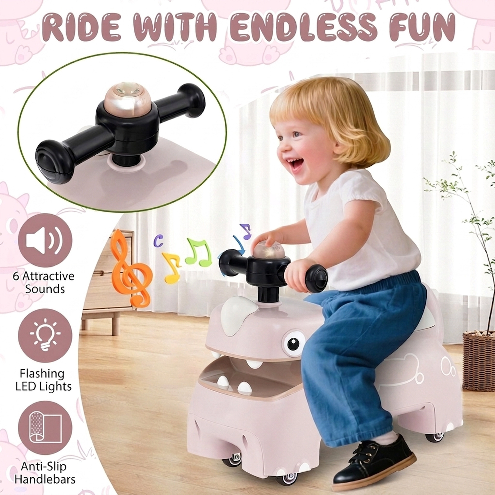 Toddler Ride on Sliding Car Pink Under Seat Storage LED Lights 6 Sounds Push-Along Walker 18 Months+ 55-lb Capacity
