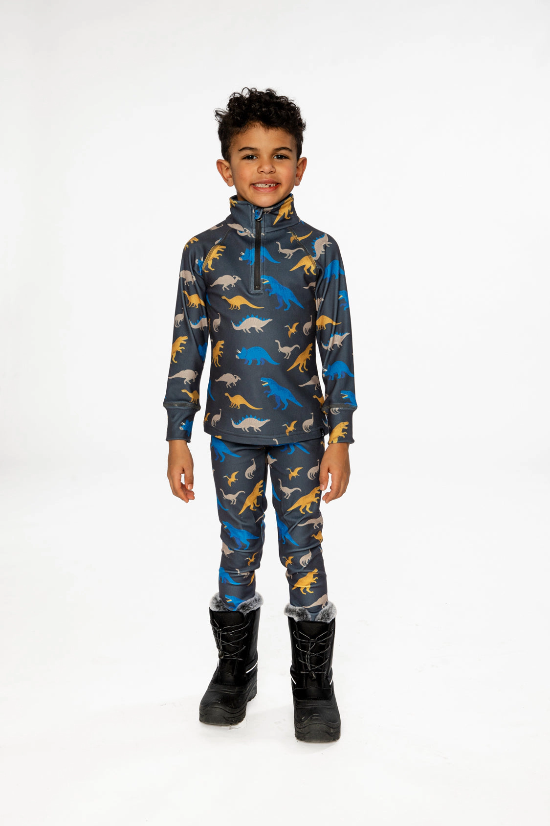 Deux par Boys Two Piece Dinosaur Print Half-Zip Thermal Underwear Top and Pants Set