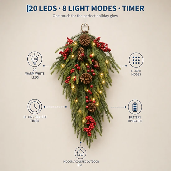 Howbow 24 Inch Pre-Lit Christmas Teardrop Swag, 20 Lights, 8 Modes ...