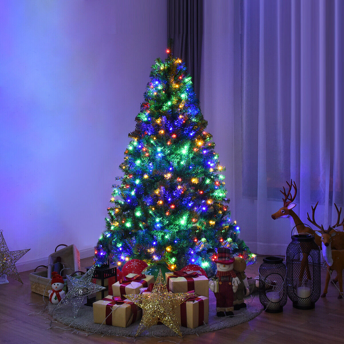 SUGIFT Dense PVC Needle Hinged Artificial Christmas Tree 5-ft Tall 2.8-ft Diameter Pre-Lit with 150 LED Lights Green