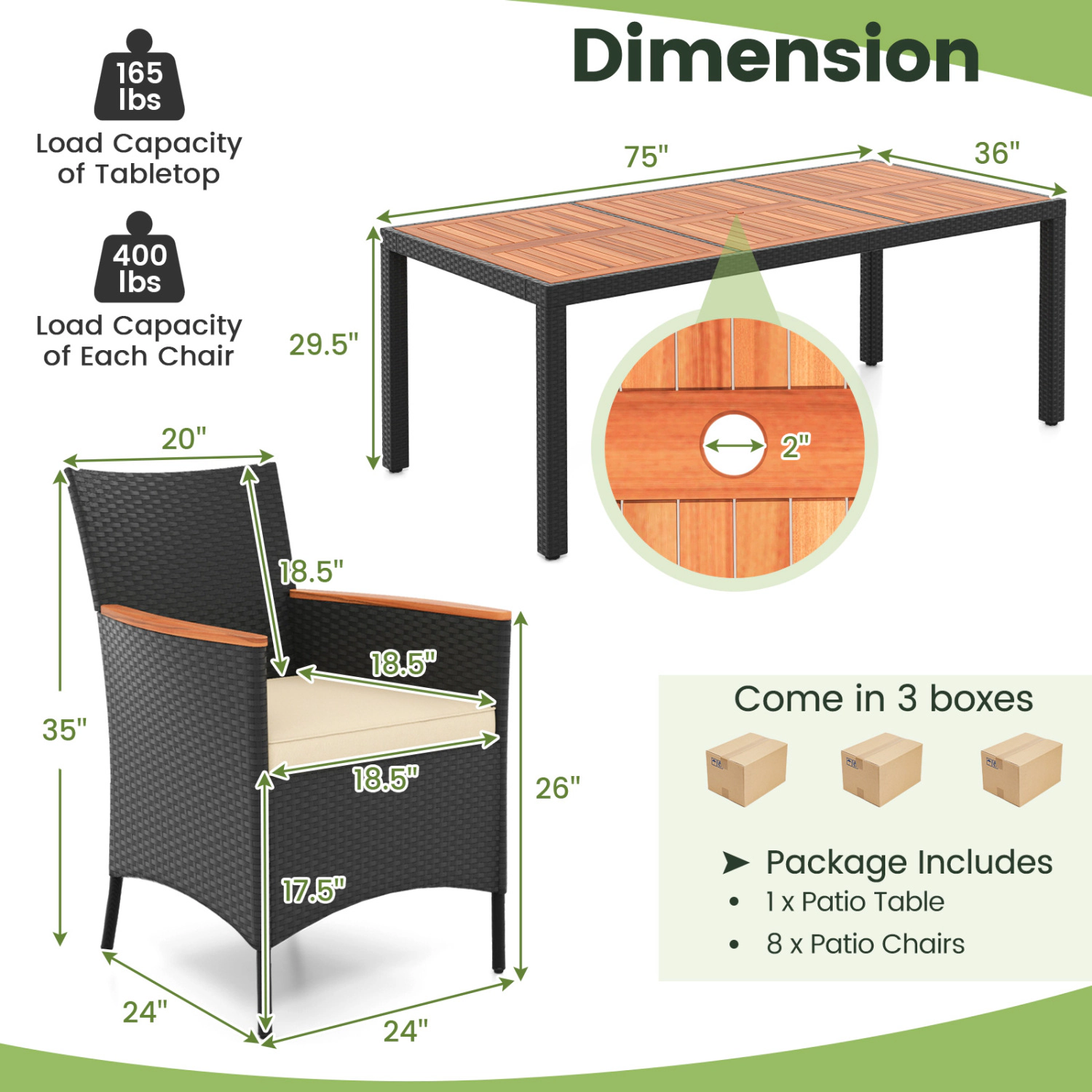 LJG 9 Pieces Outdoor Dining Set with Acacia Wood Tabletop