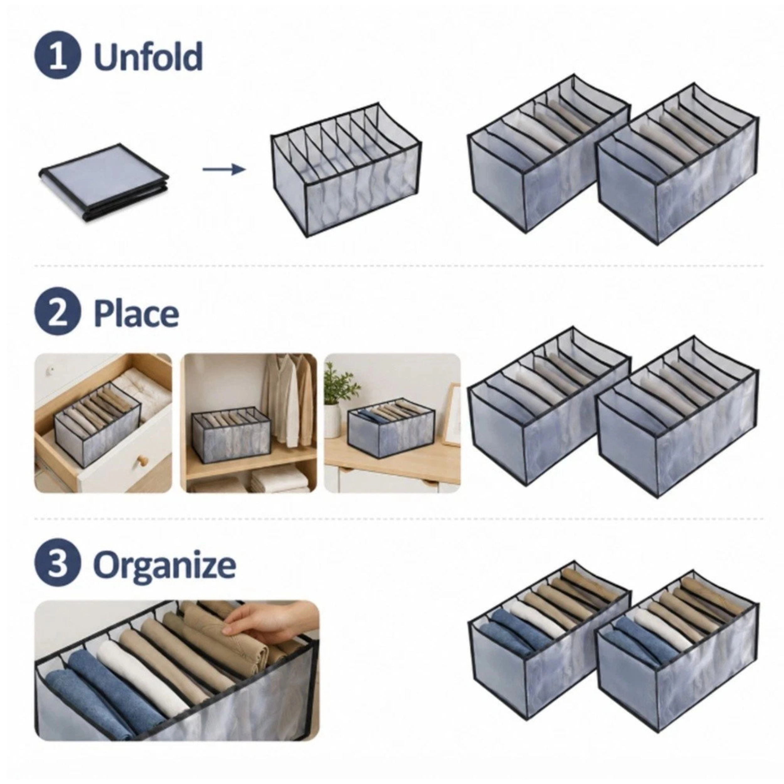 Home Collection Pack of 2 Foldable Drawer Organizer Bins for Clothes Storage