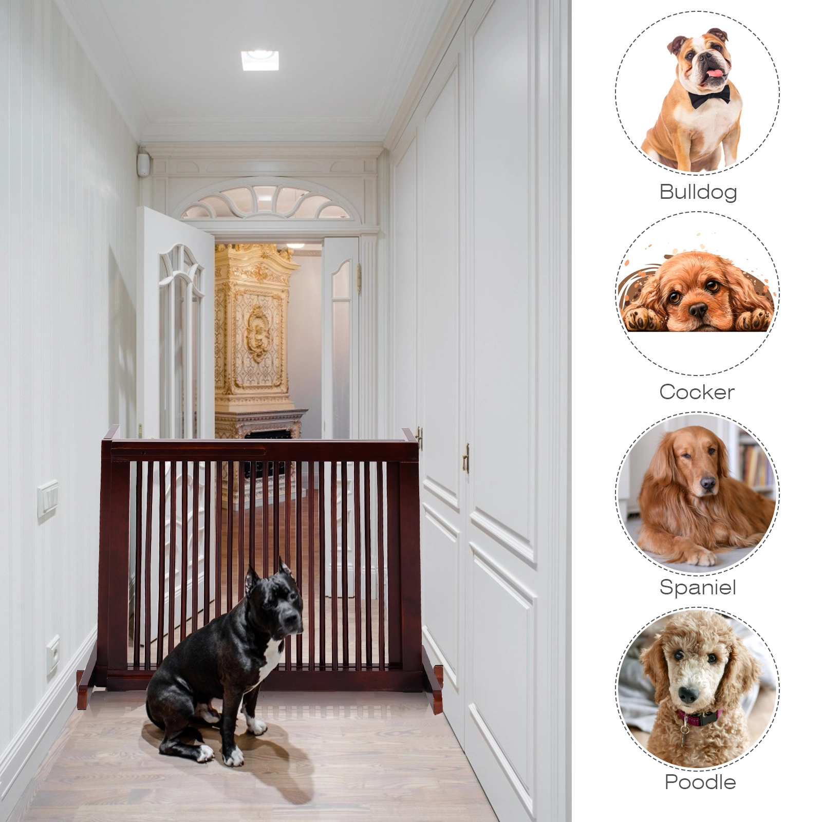 SUGIFT Brown Folding Adjustable Free Standing 3 Panel Wood Pet Gate