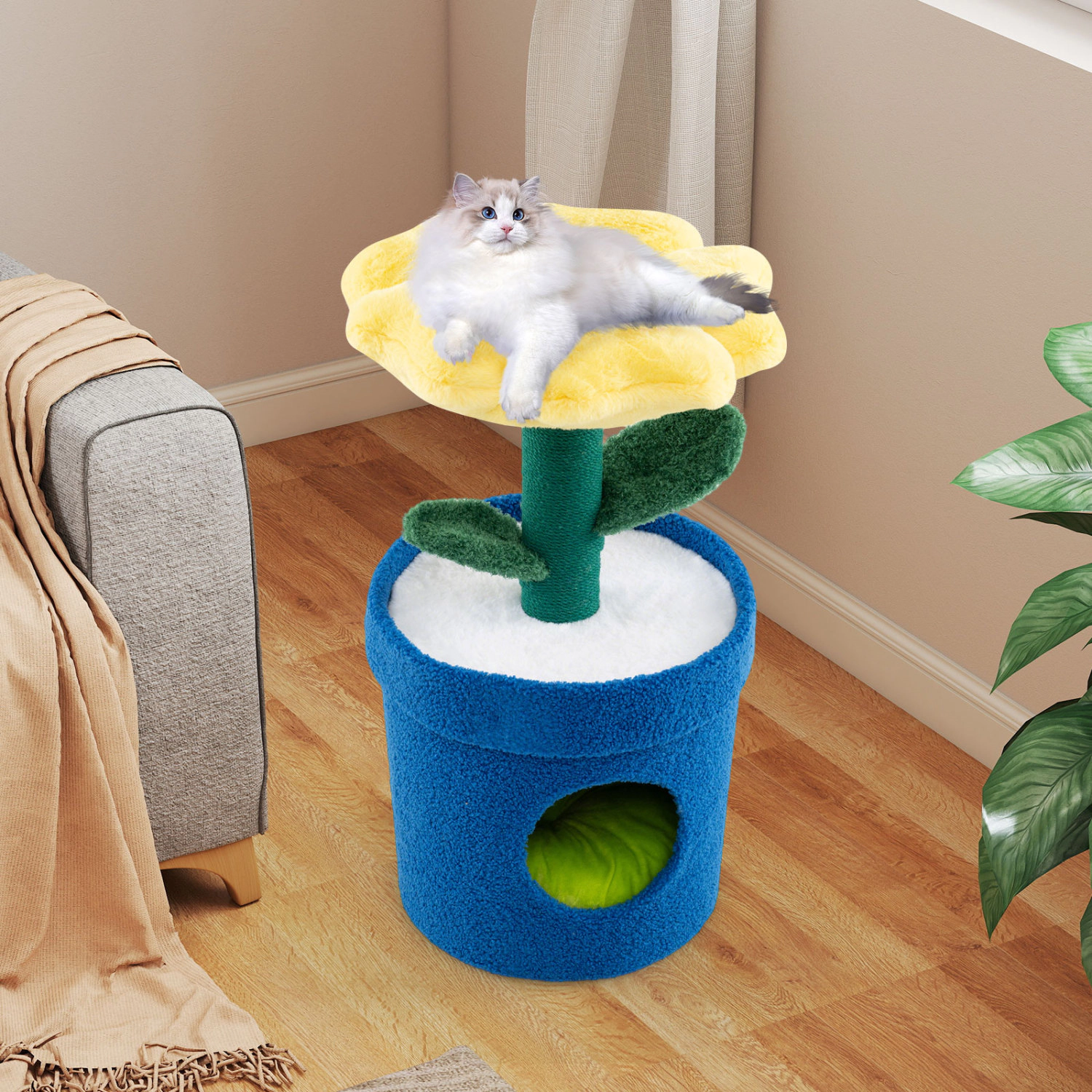 SUGIFT Cat Tree Yellow Flower Design with Padded Perch and Jute Rope Scratching Post