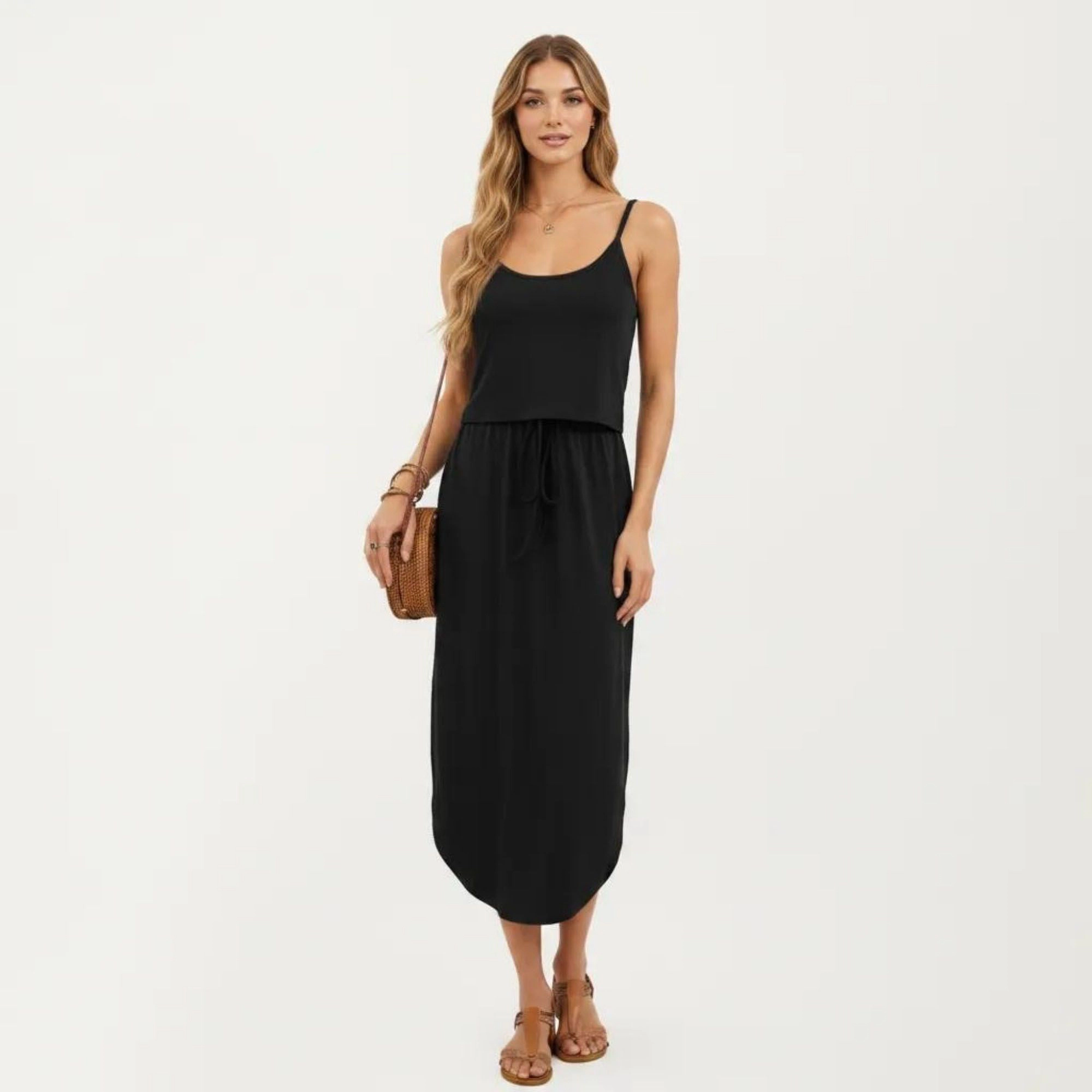 Anna-Kaci Women's Sleeveless Spaghetti Straps Adjustable Drawstring Waist Fit Midi Dress