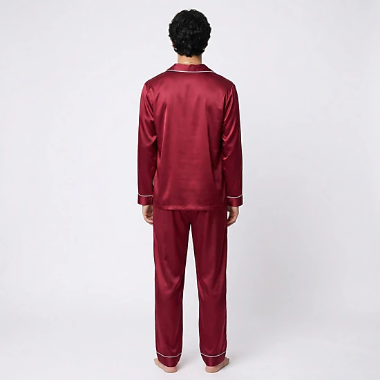 Anna-Kaci Men's 2-Piece Satin Pajamas with Contrast Piping and Button Up Top