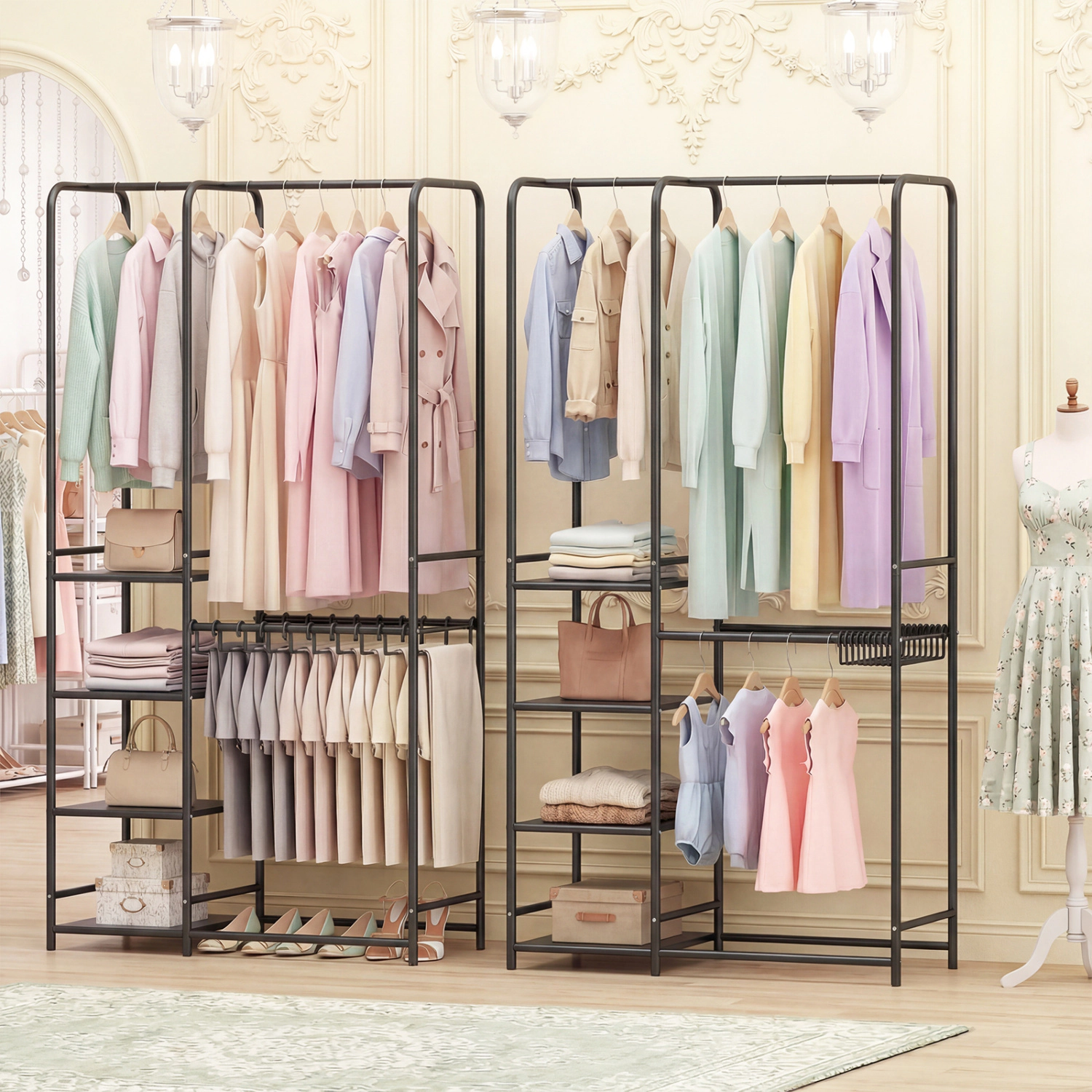 Glintex Portable Closet with 2 Rods 10 Pants Hangers and 4 Storage Shelves
