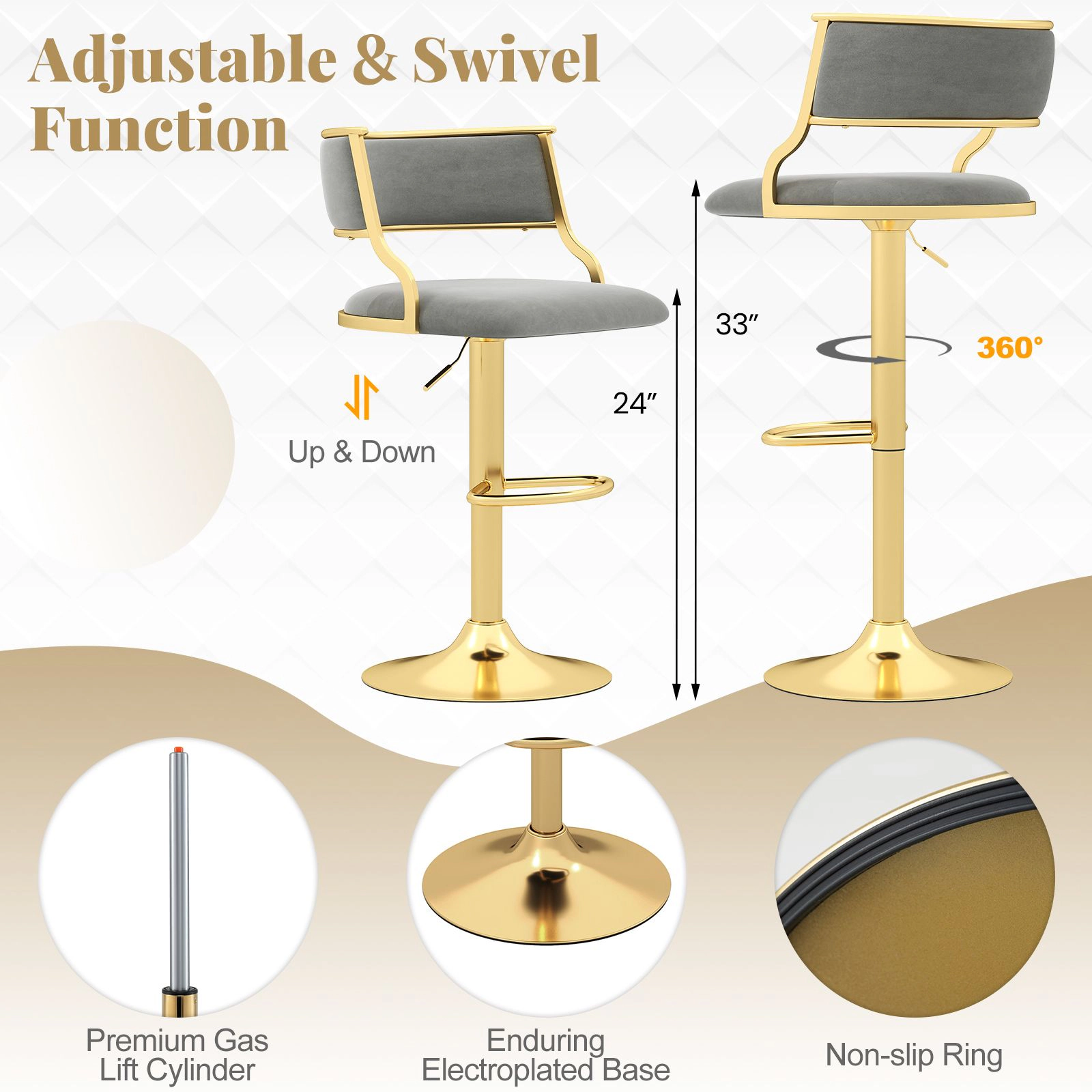 SlickBlue Set of 2 Velvet Swivel Bar Stools with Adjustable Height