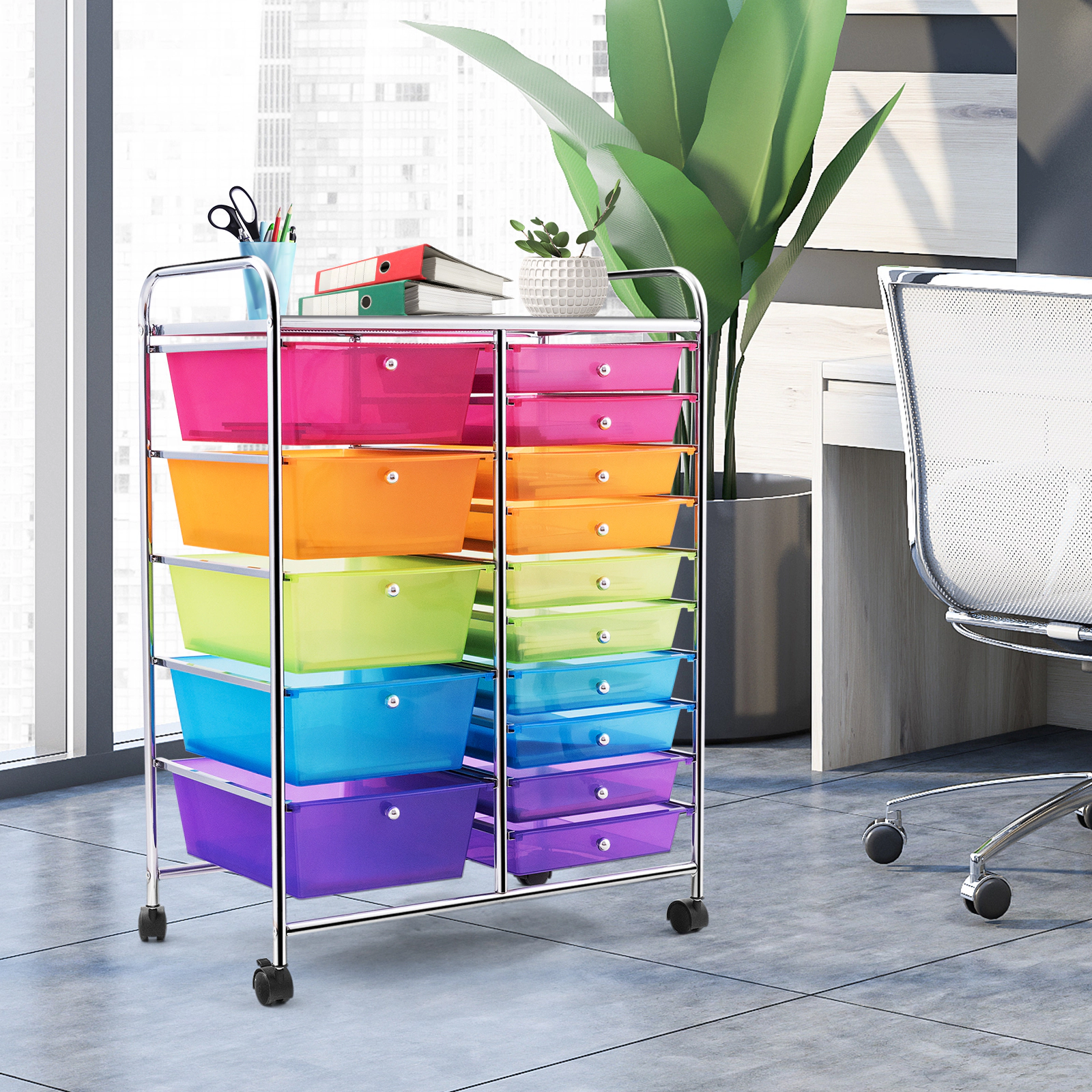 SUGIFT 25-in Wide 15-Drawer Rolling Storage Cart Utility Organizer with Locking Wheels and Removable Drawers