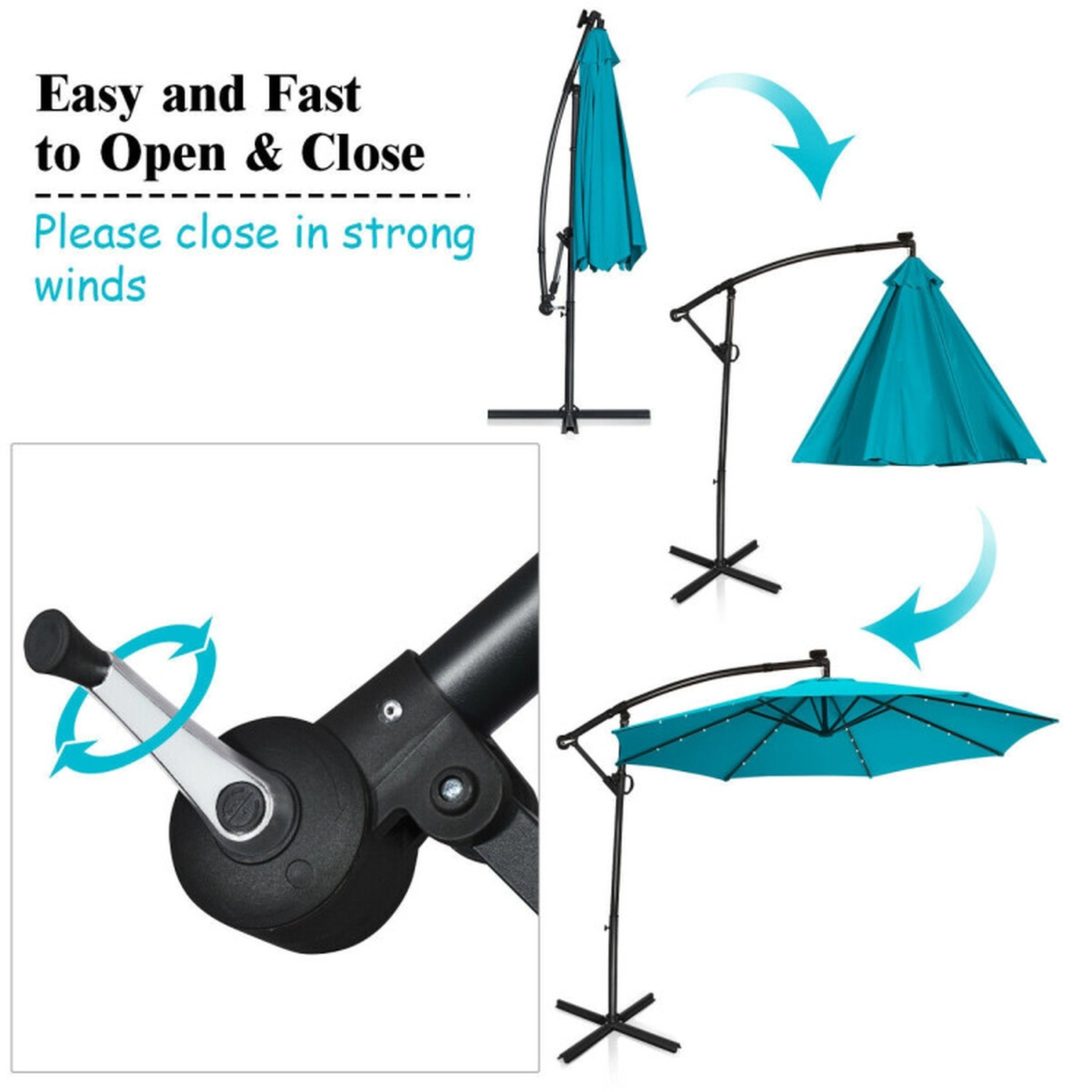 SUGIFT Solar Powered LED Patio Offset Umbrella with 360° Rotation and 32 Lights 10-ft Canopy Turquoise