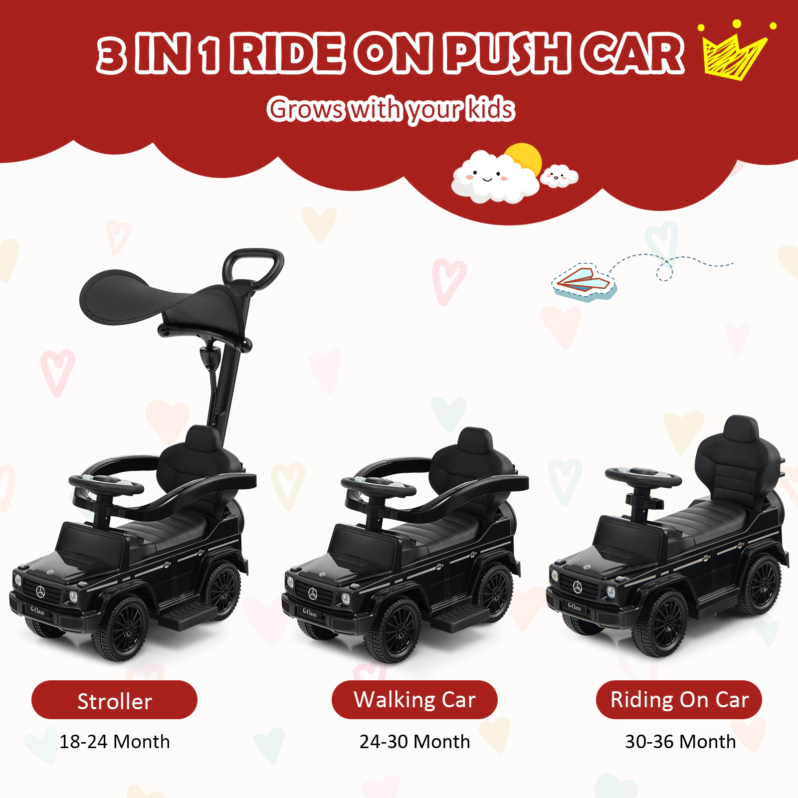 LJG Kids 3-In-1 Ride on Push Car Mercedes Benz G350 Stroller Sliding with Canopy