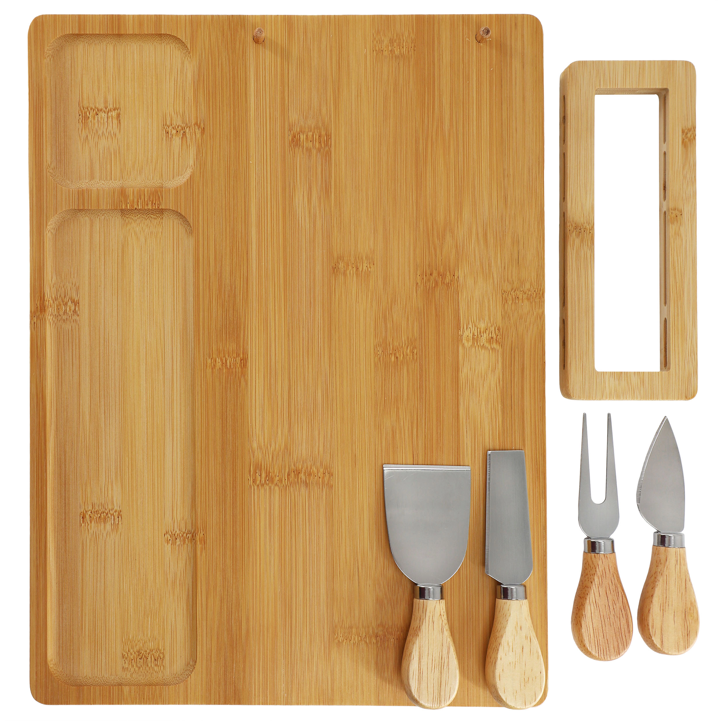 MegaChef Bamboo Charcuterie and Cheese Board with Knife Stand Attachment and 4 Piece Knife Set