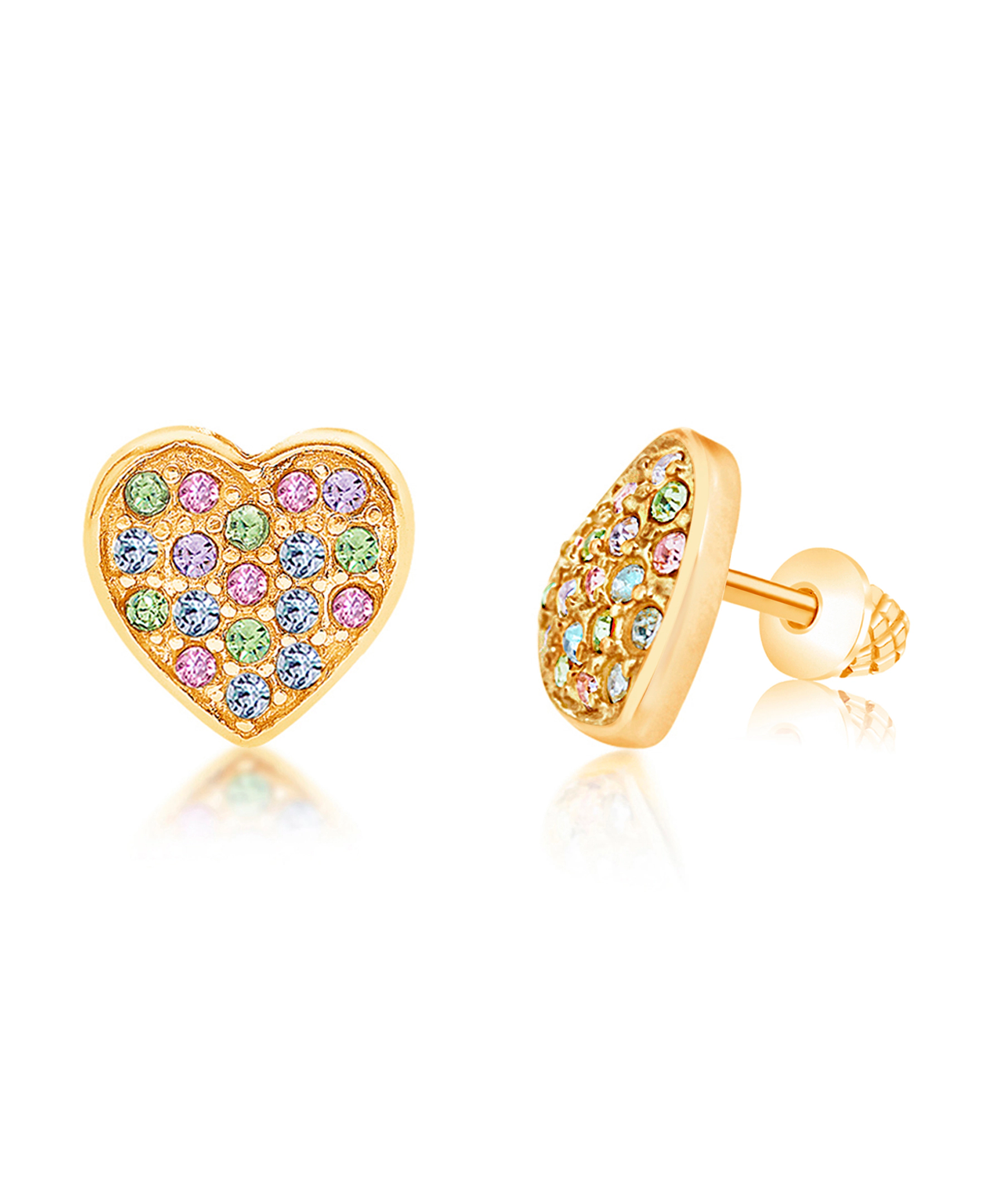 CHANTEUR Kids Heart Crystal Stud Earrings - Yellow Gold Brass Plating, Screw-Back, Hypoallergenic