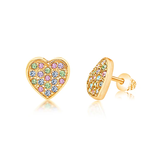 CHANTEUR Kids Heart Crystal Stud Earrings - Yellow Gold Brass Plating, Screw-Back, Hypoallergenic