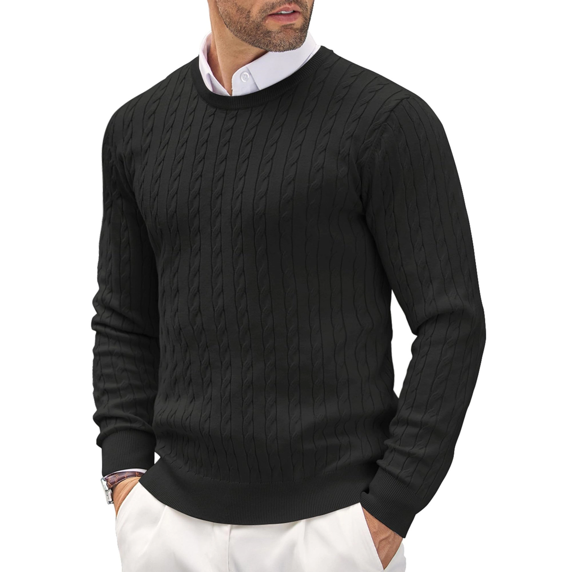 COOFANDY Mens Classic Long Sleeve Sweater Fall Crew Neck Cable Knit Casual Pullover