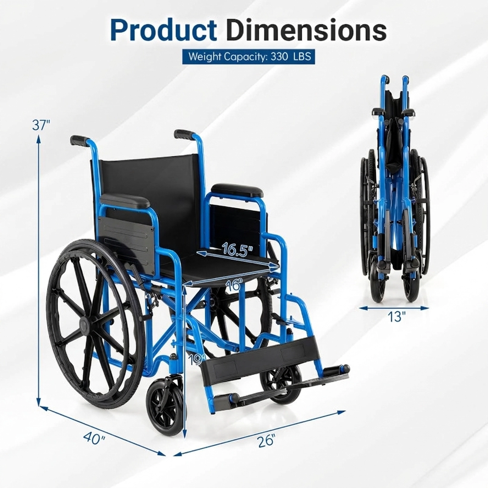 SUGIFT Navy Folding Wheelchair with Flip-Up Footrests and Padded Desk Arms 40-in W 26-in D 330-lb Seat Capacity