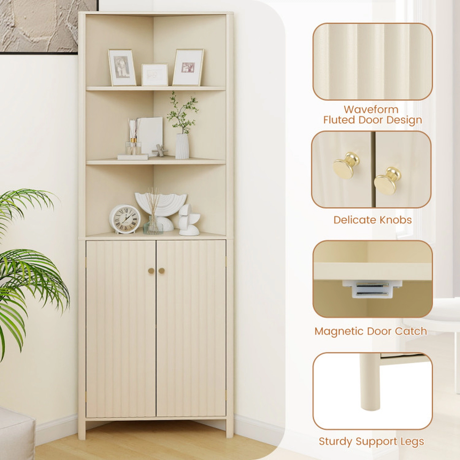 SUGIFT Corner Bathroom Cabinet with 5 Shelves and 2 Fluted Doors 22-lb Shelf Capacity 110-lb Total Capacity Beige