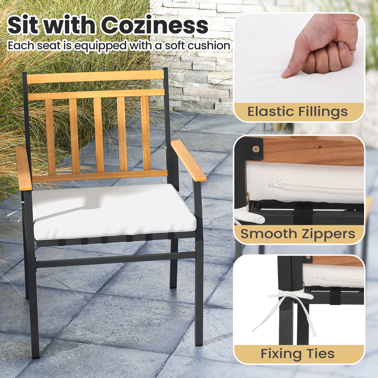 SUGIFT 3-Piece Off-White Acacia Wood Patio Conversation Set with Cushioned Chairs