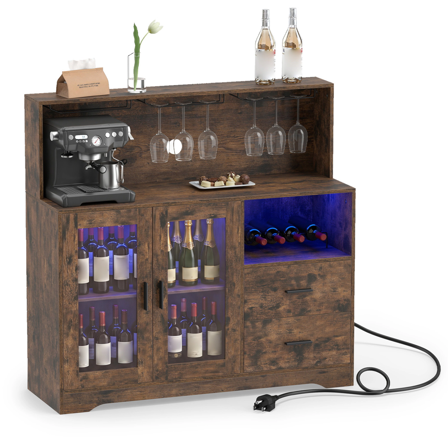 LJG Wine Bar Cabinet with LED Lights and Charging Station